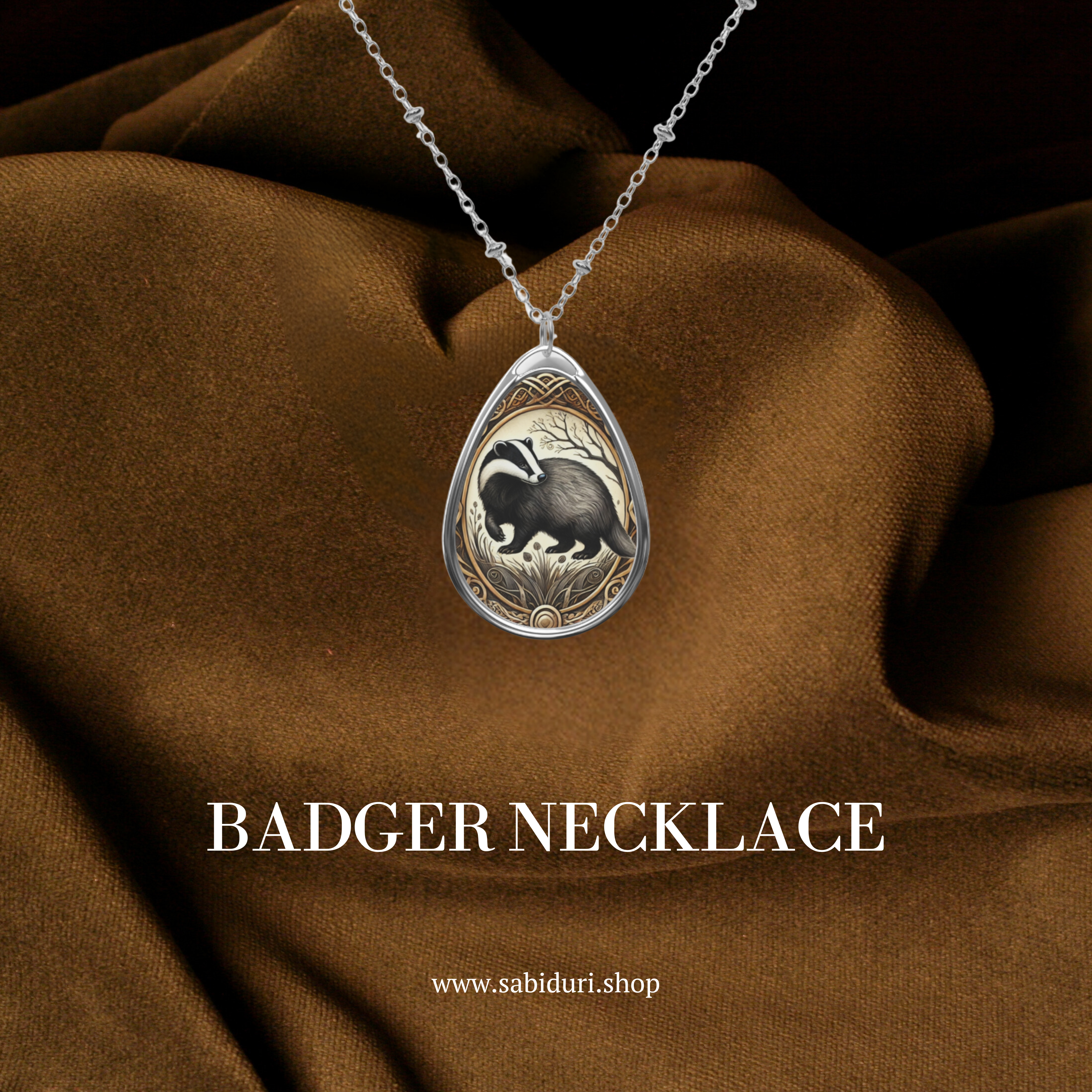 A close-up shot of the beaver necklace hanging against a rich brown fabric background. The pendant showcases a finely detailed beaver with a warm-toned design, symbolizing hard work and perseverance.