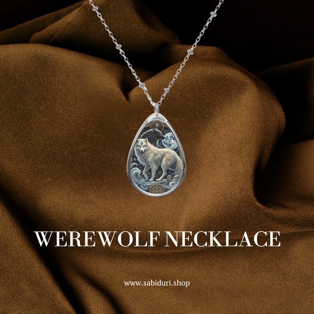 A close-up of a silver necklace with a werewolf pendant, displayed on a rich brown fabric background. The pendant illustrates a werewolf standing under the night sky, with intricate designs around it. The text 'WEREWOLF NECKLACE' and 'www.sabiduri.shop' appears below the necklace.