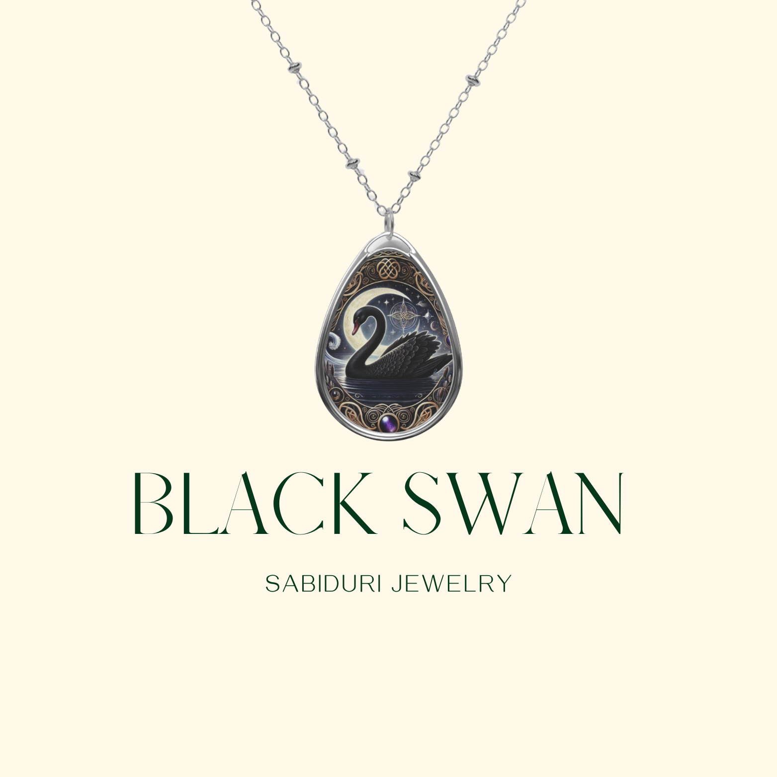 A minimalistic promotional design showcasing the Black Swan necklace against a cream background. The pendant, featuring an elegant black swan encased in intricate golden swirls, is suspended from a delicate silver chain. Below it, the text "BLACK SWAN" and "SABIDURI JEWELRY" is displayed in a refined font.