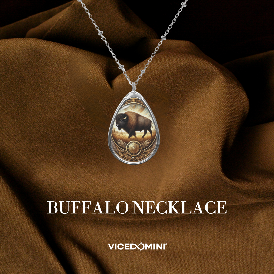 A teardrop-shaped silver pendant necklace featuring an engraved buffalo illustration, draped over brown satin fabric. The text 'BUFFALO NECKLACE' and the brand 'VICEDOMINI' are displayed below.