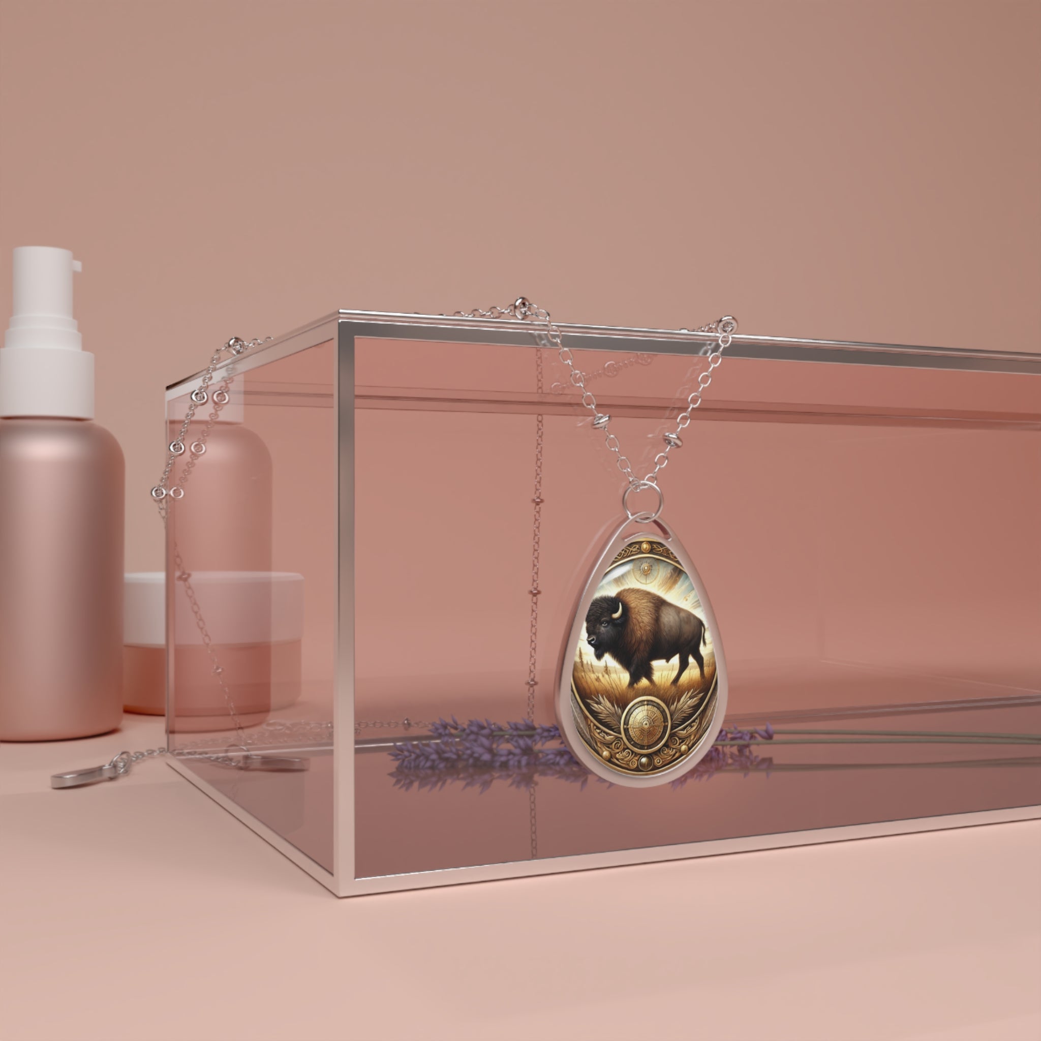 A teardrop-shaped pendant featuring an intricately detailed buffalo design, hanging from a silver chain over a transparent glass box. The pendant has a golden-hued background with decorative elements, evoking a spiritual and earthy feel.