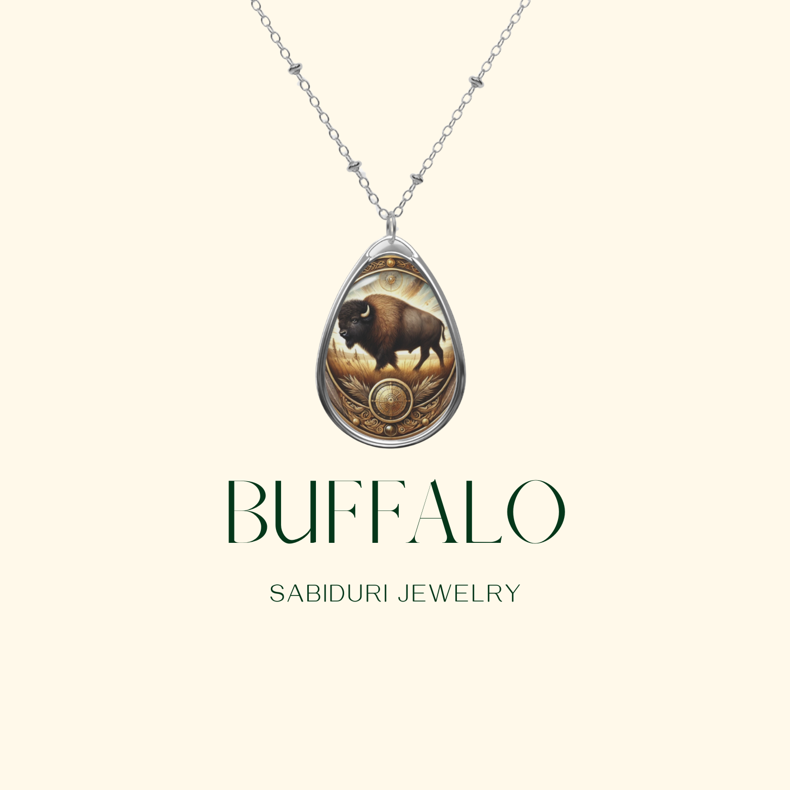 A centered display of a buffalo pendant necklace against a soft cream-colored background. The silver chain and intricate golden designs give it a sophisticated and artistic look.