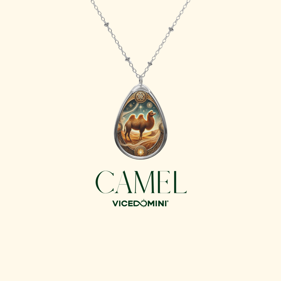 Silver-tone teardrop pendant necklace featuring an illustrated camel motif with a gold-toned circular emblem at the top, shown on a cream background with the text 'CAMEL VICEDOMINI' below.