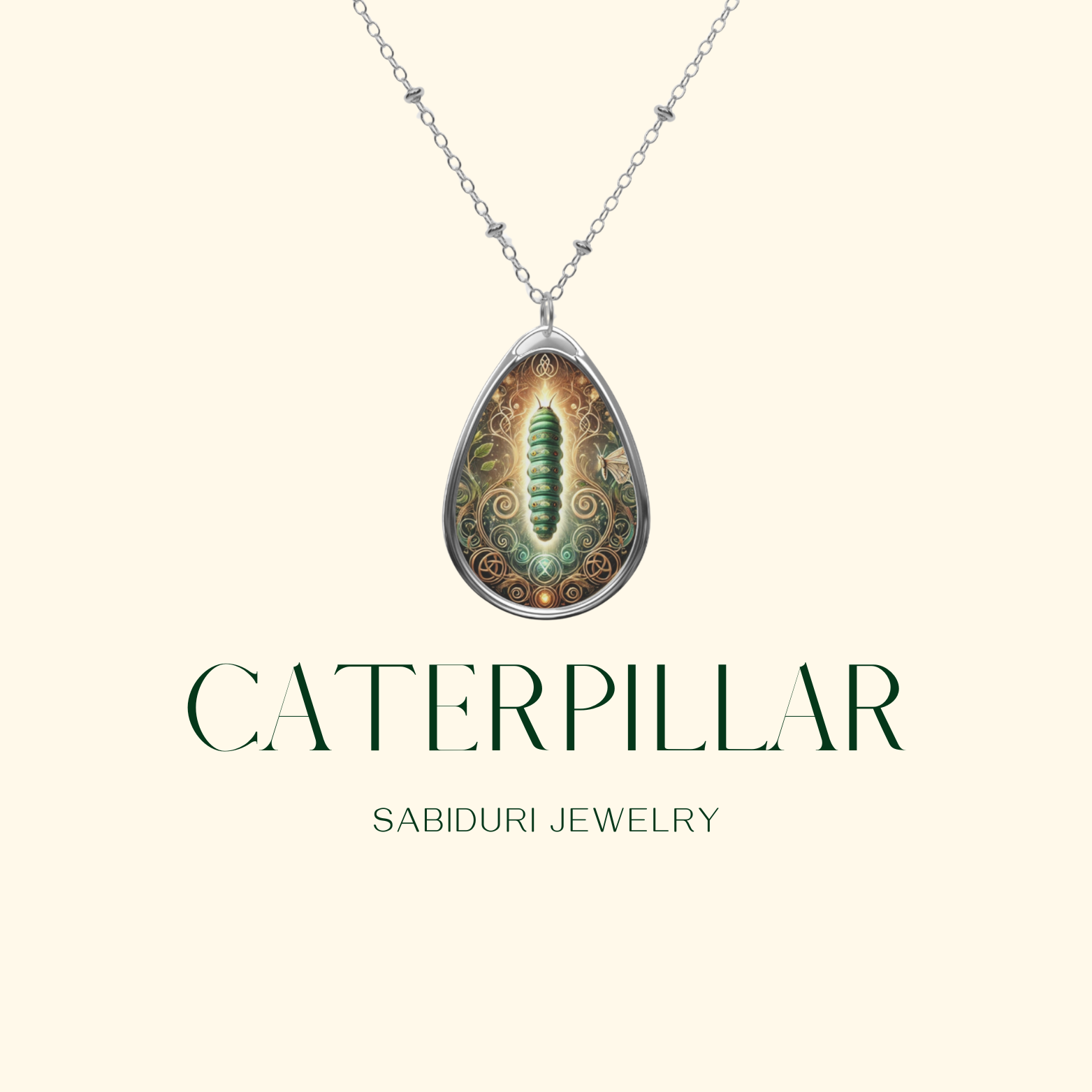 The Caterpillar Necklace is presented against a soft, dreamy white backdrop with subtle lighting. The pendant’s design highlights the essence of transformation, featuring a mystical caterpillar within an enchanted, nature-inspired setting.