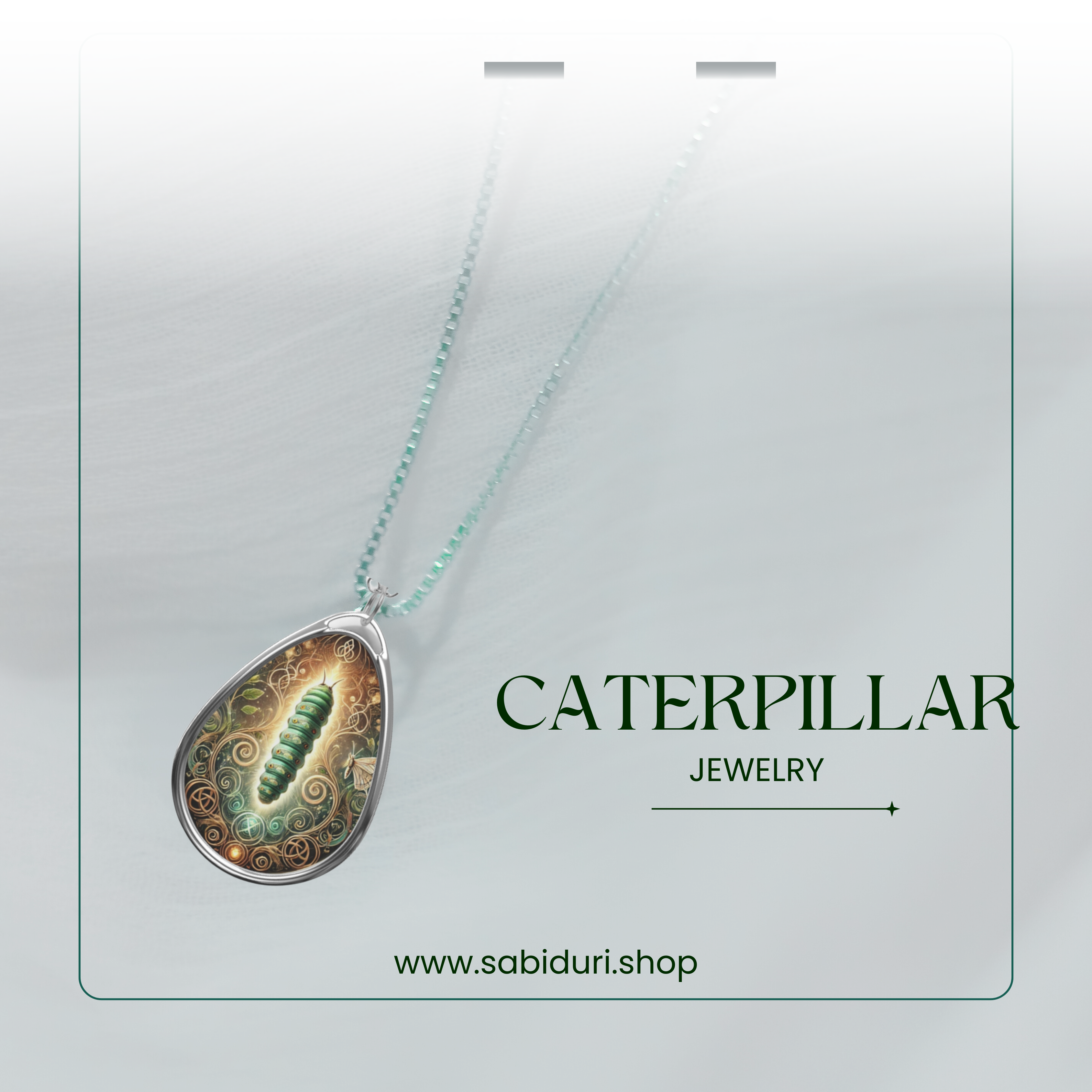 A close-up shot of the Caterpillar Spirit Animal Necklace, featuring a silver frame enclosing a luminous green caterpillar in a glowing golden forest. The pendant hangs on a delicate silver chain, emphasizing the fine details of the artwork.