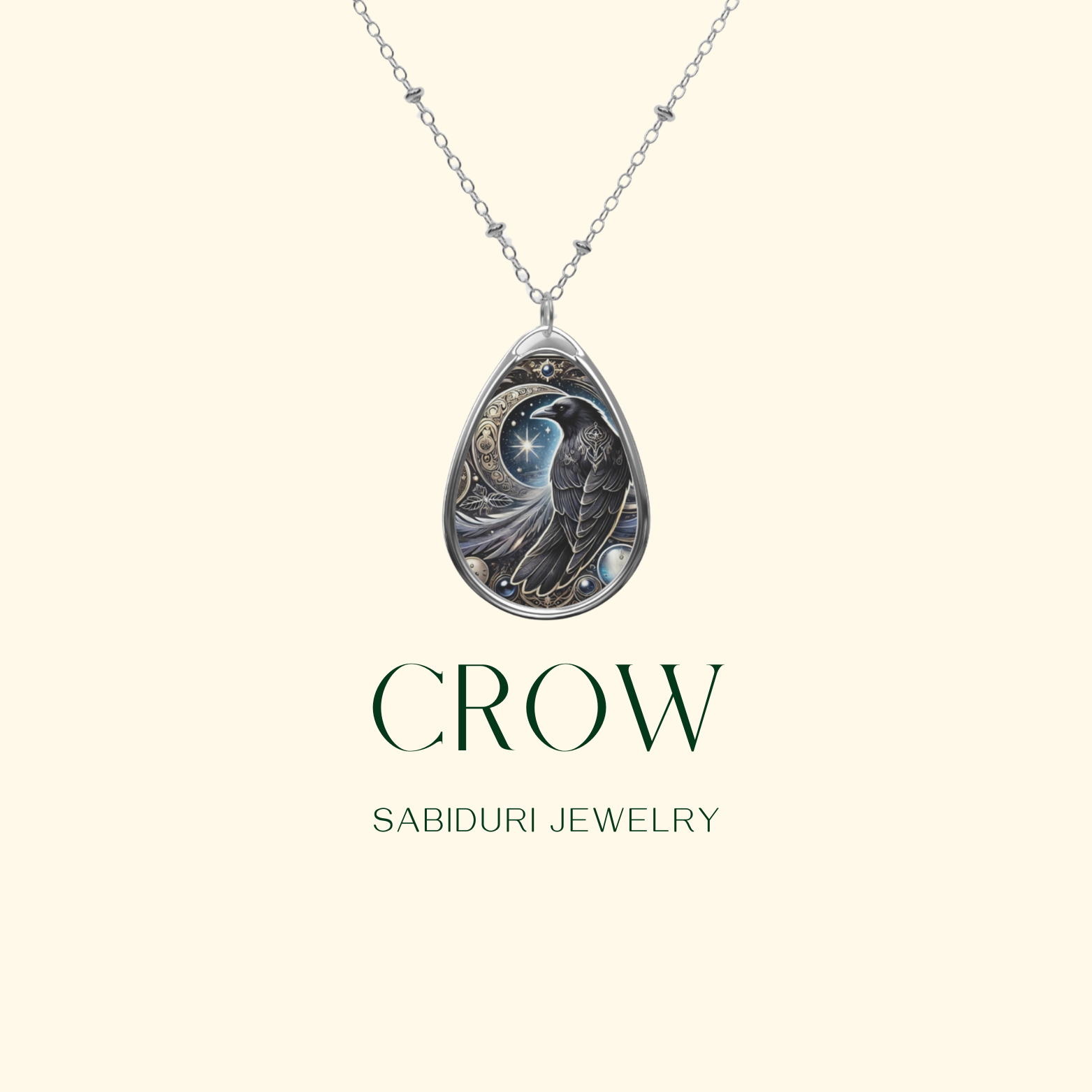 A minimalist presentation of the crow necklace on a light beige background. The pendant is centered, showcasing its detailed design, with "CROW" and "SABIDURI JEWELRY" elegantly written below.