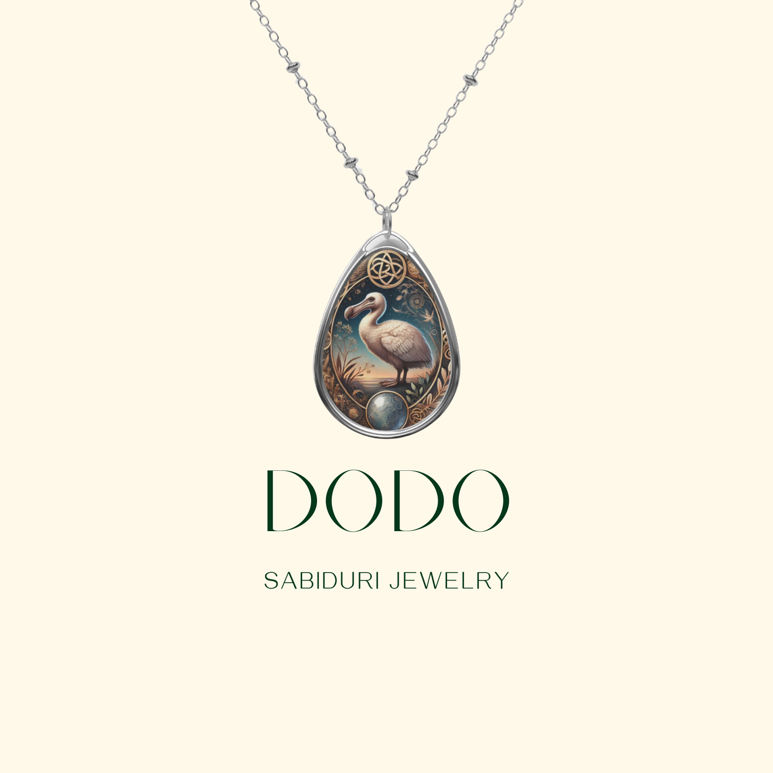 A centered display of the dodo spirit animal necklace against a clean, off-white background. The silver chain extends upwards, with "DODO" and "SABIDURI JEWELRY" written below in elegant typography.