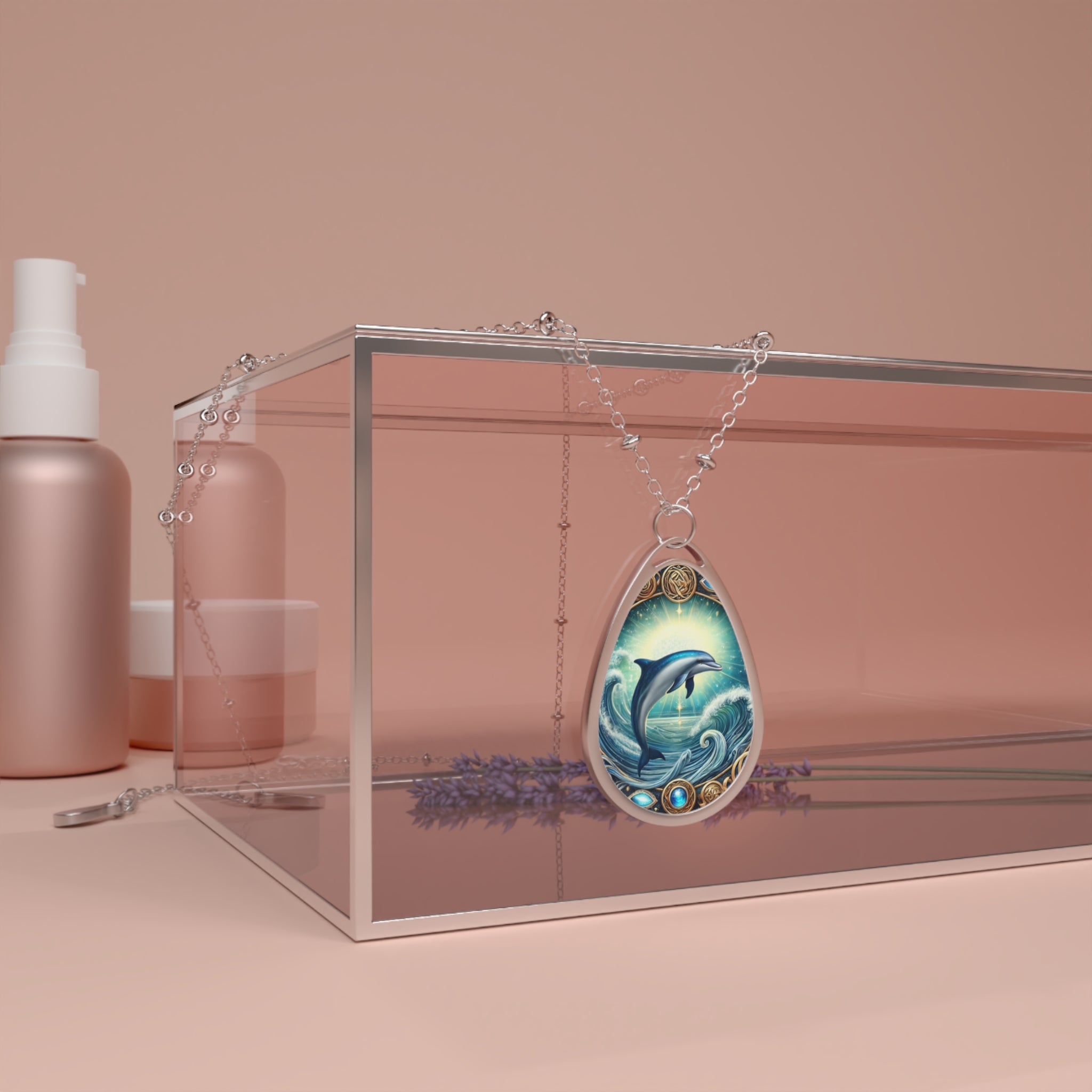 A silver teardrop-shaped pendant featuring an intricate design of a dolphin leaping from ocean waves, set against a luminous sunlit background with golden embellishments. The pendant hangs over a transparent box, with a soft pink and lavender-toned background.