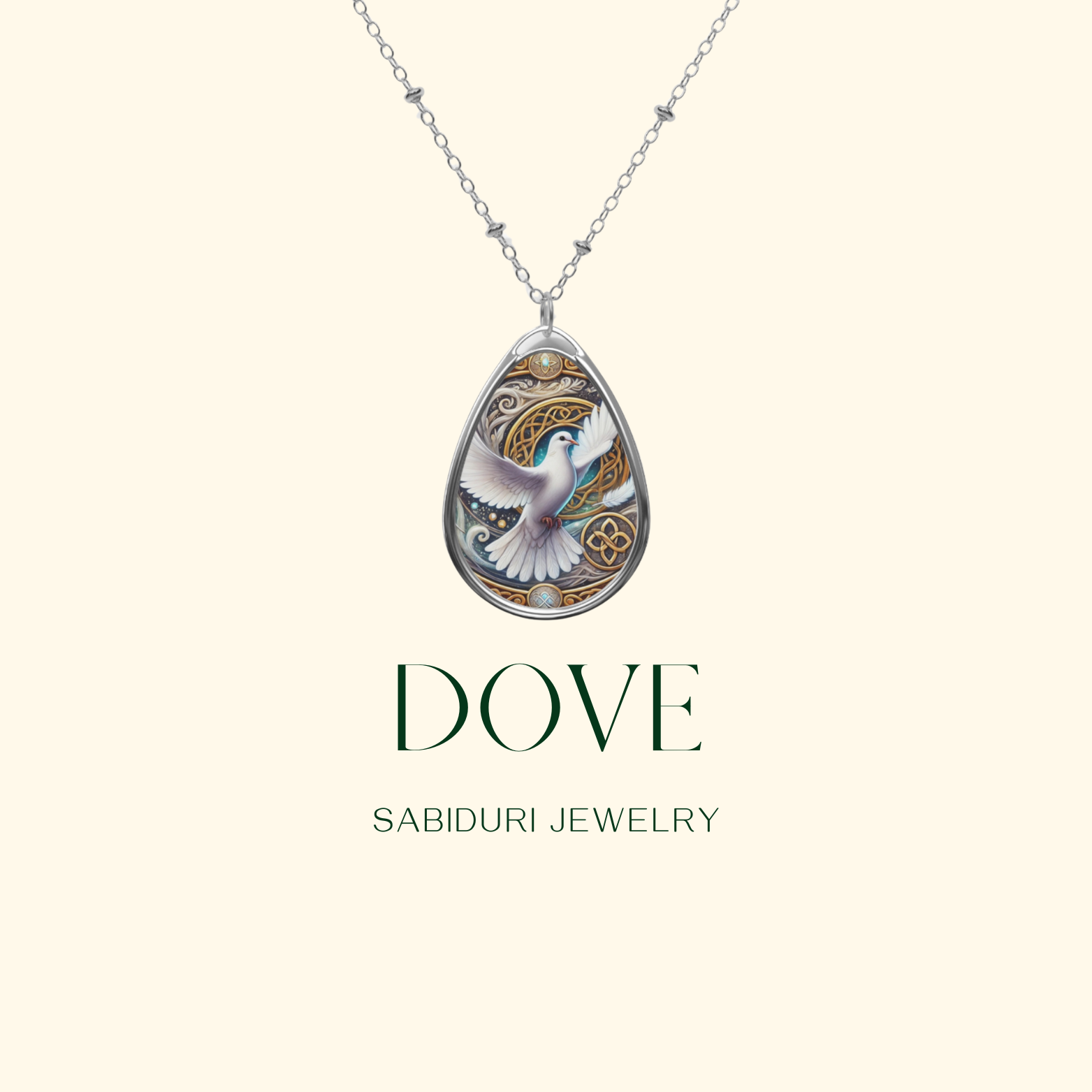 A minimalist product showcase featuring the Dove necklace centered against a clean beige background. The pendant’s intricate gold and white design is prominent, with the text "DOVE" and "SABIDURI JEWELRY" in an elegant serif font.