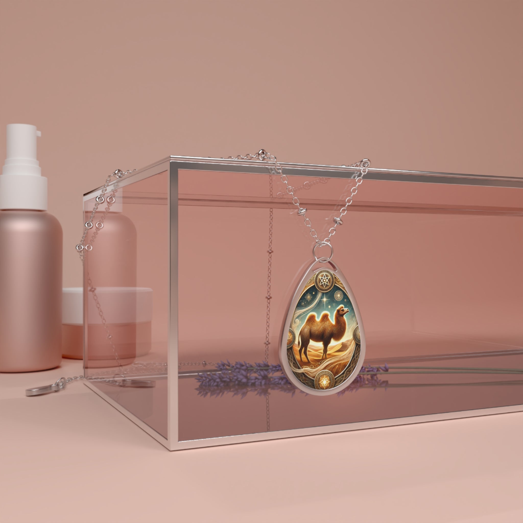 A close-up of a teardrop-shaped Camel spirit animal necklace draped over a transparent pink glass box. The pendant features an intricate design of a camel standing in a desert under a starry sky, framed by golden details. Skincare products and lavender sprigs are visible in the softly lit background.