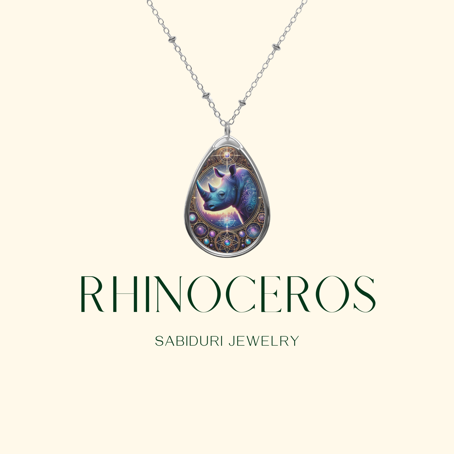 Close-up of a silver rhinoceros pendant necklace suspended on a delicate chain, set against a clean cream-colored background. The pendant showcases a cosmic-inspired design with glowing purple tones and celestial details, labeled "Rhinoceros - Sabiduri Jewelry."