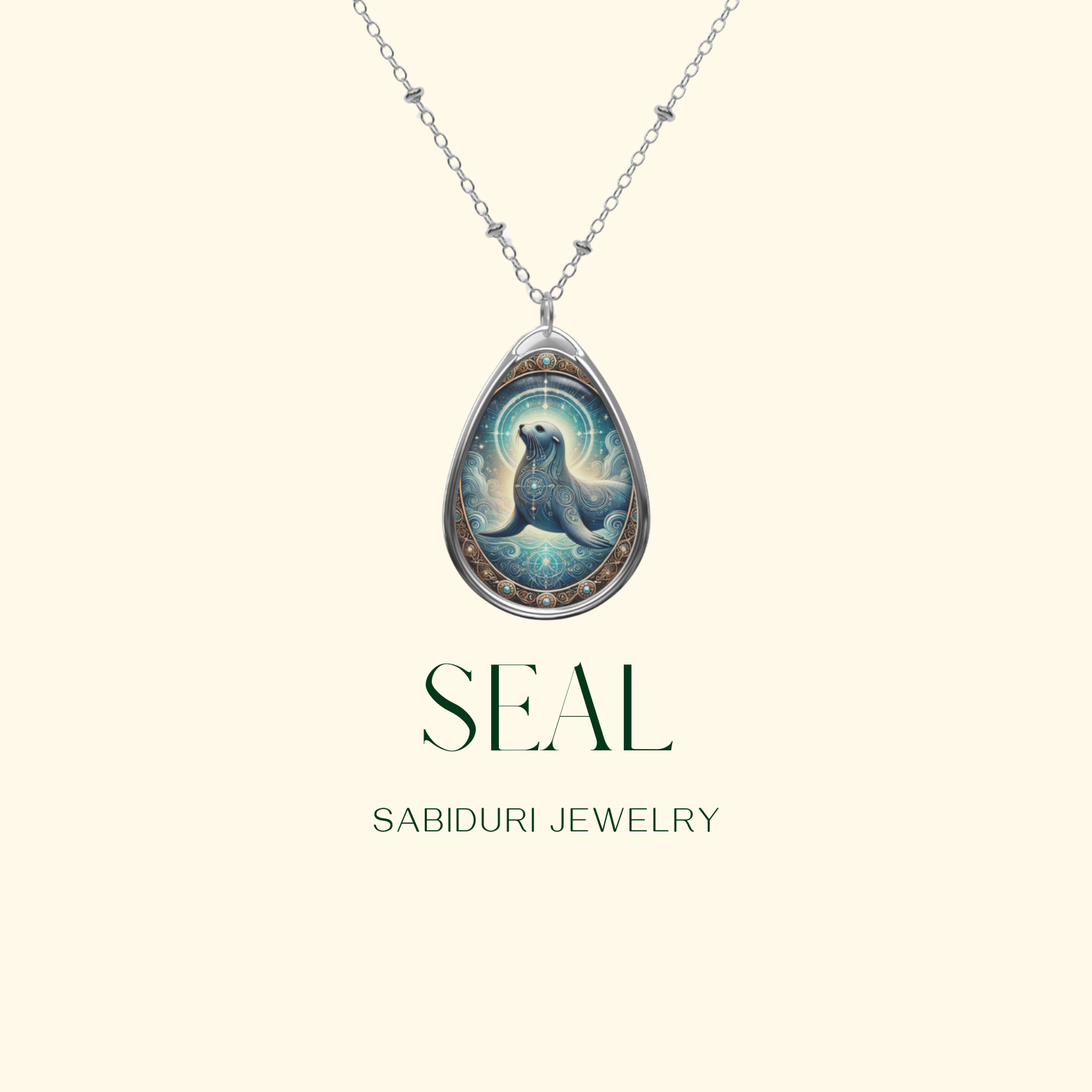 A delicate silver chain holds a teardrop-shaped pendant with an elegant seal design, set against a cream background. The pendant features a celestial-style illustration of a seal with intricate swirls and glowing elements. The text "SEAL" and "SABIDURI JEWELRY" appears below the necklace.