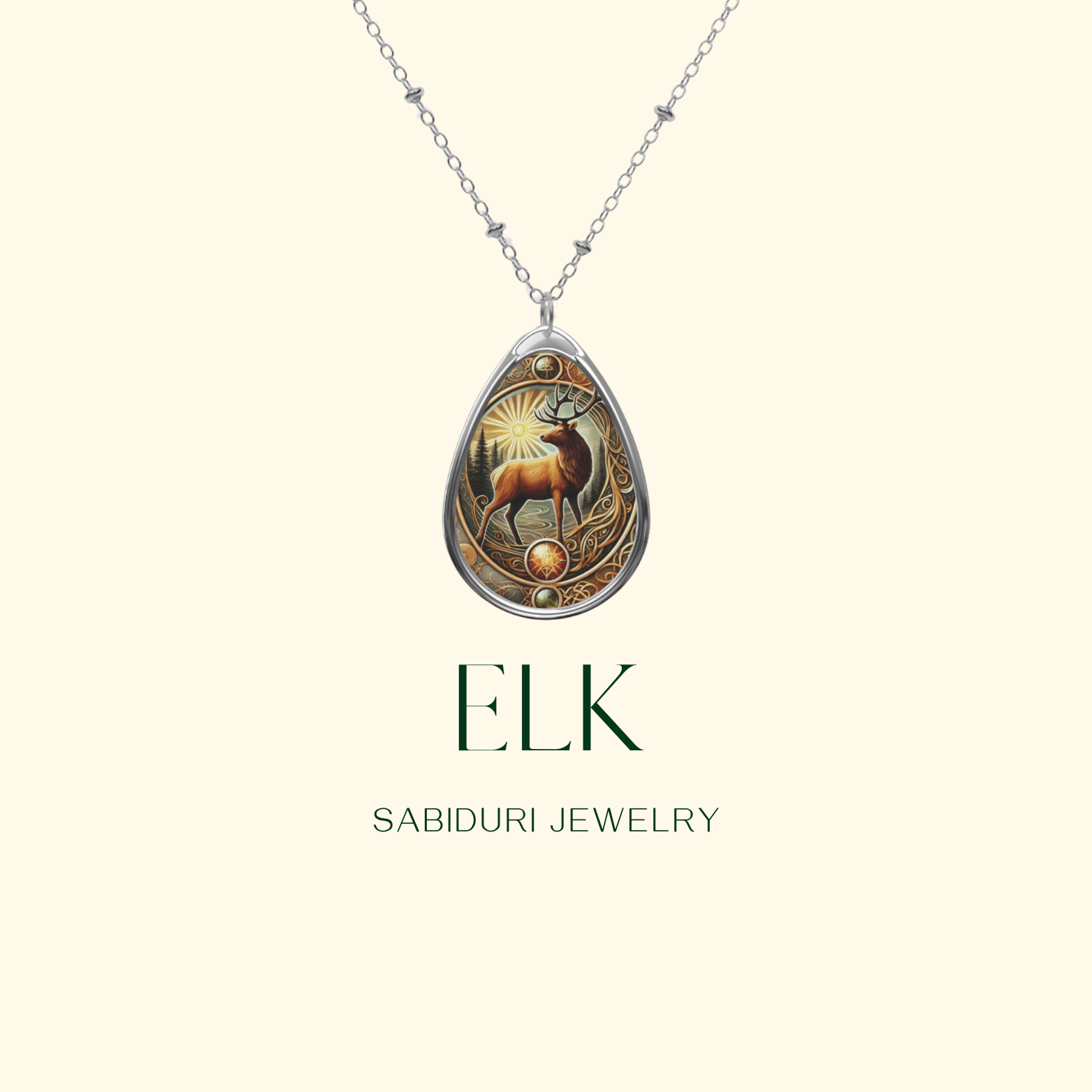  A clean and minimalist product showcase of the Elk necklace against a cream-colored background. The pendant hangs from a delicate silver chain, emphasizing its intricate artwork and golden embellishments. Below, the text reads "ELK" and "SABIDURI JEWELRY."