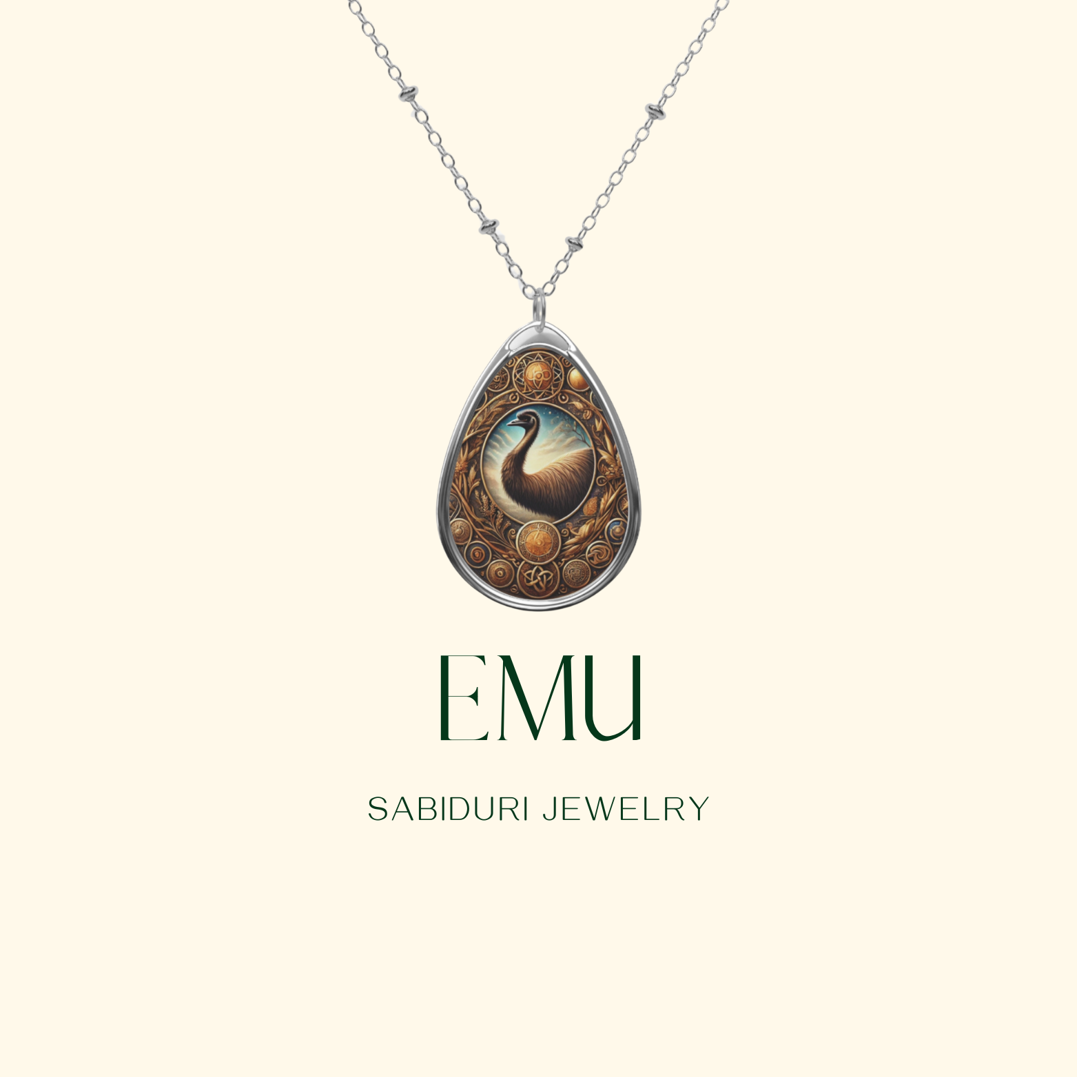 A beautifully crafted teardrop pendant showcasing an emu in a celestial setting, adorned with intricate patterns. The necklace is displayed on a minimalist background, emphasizing the elegance and symbolic depth of the piece.