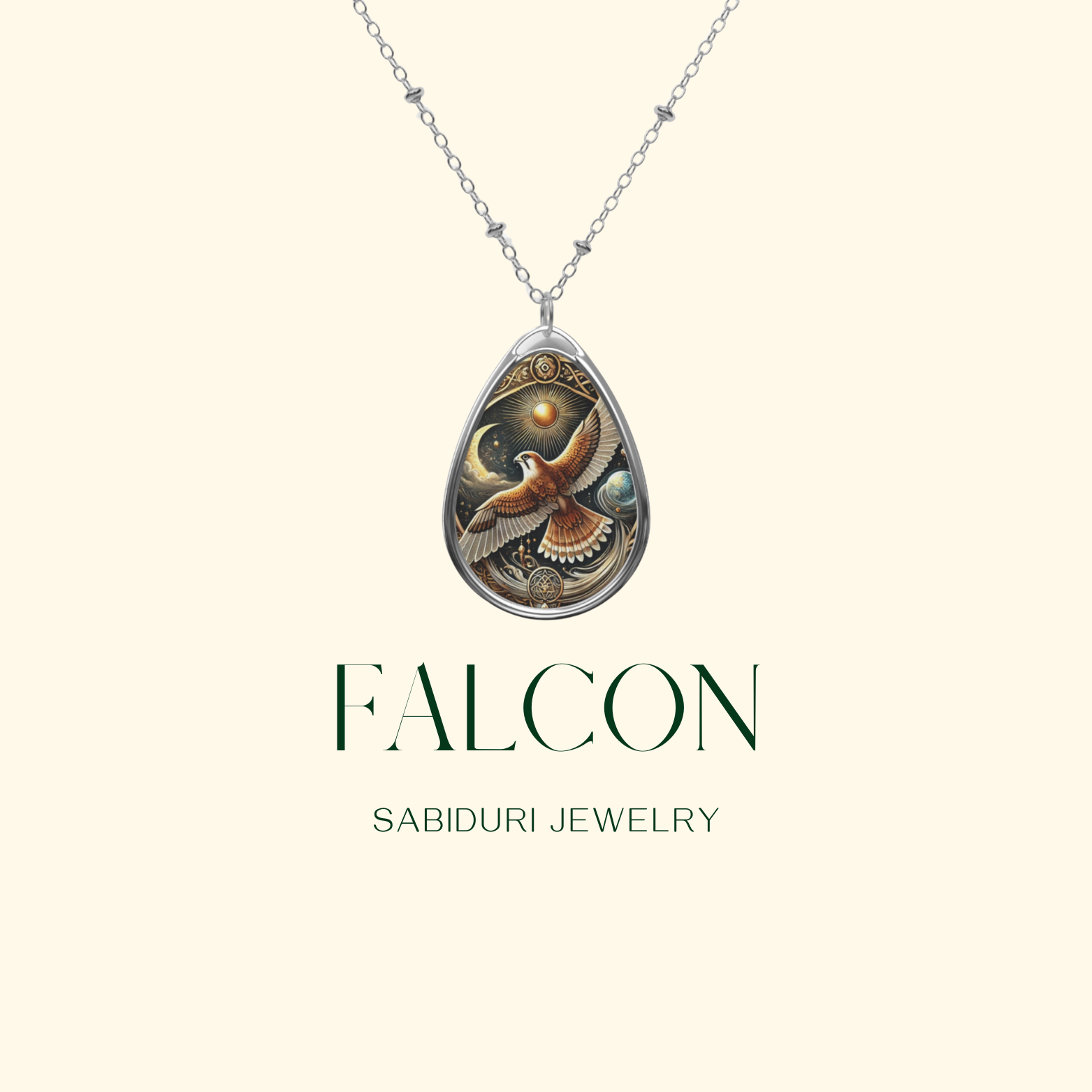 A clean, minimalist image showcasing the Falcon pendant necklace against a light background. The pendant displays a majestic falcon mid-flight, surrounded by celestial elements and intricate golden filigree. The words "FALCON" and "SABIDURI JEWELRY" are elegantly placed below.