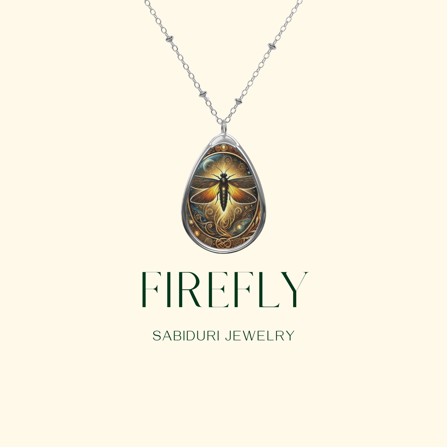 A minimalist product showcase of a firefly spirit animal pendant necklace. The detailed artwork within the teardrop pendant depicts a radiant firefly surrounded by ethereal golden light. The text "FIREFLY" and "SABIDURI JEWELRY" is elegantly placed below.