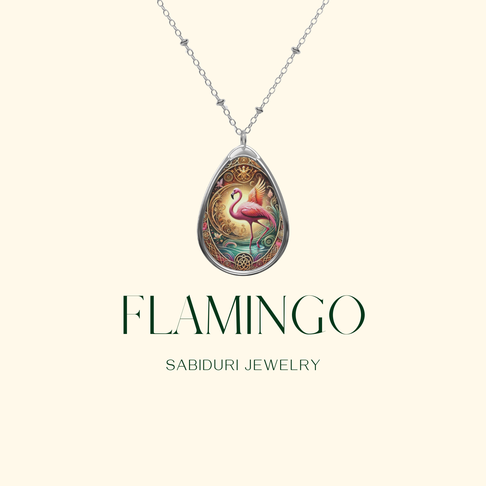 A close-up of the flamingo necklace on a minimalist beige background. The pendant showcases a flamingo standing elegantly with golden embellishments and a delicate filigree border. Below, "FLAMINGO" and "SABIDURI JEWELRY" are elegantly written in a refined font.