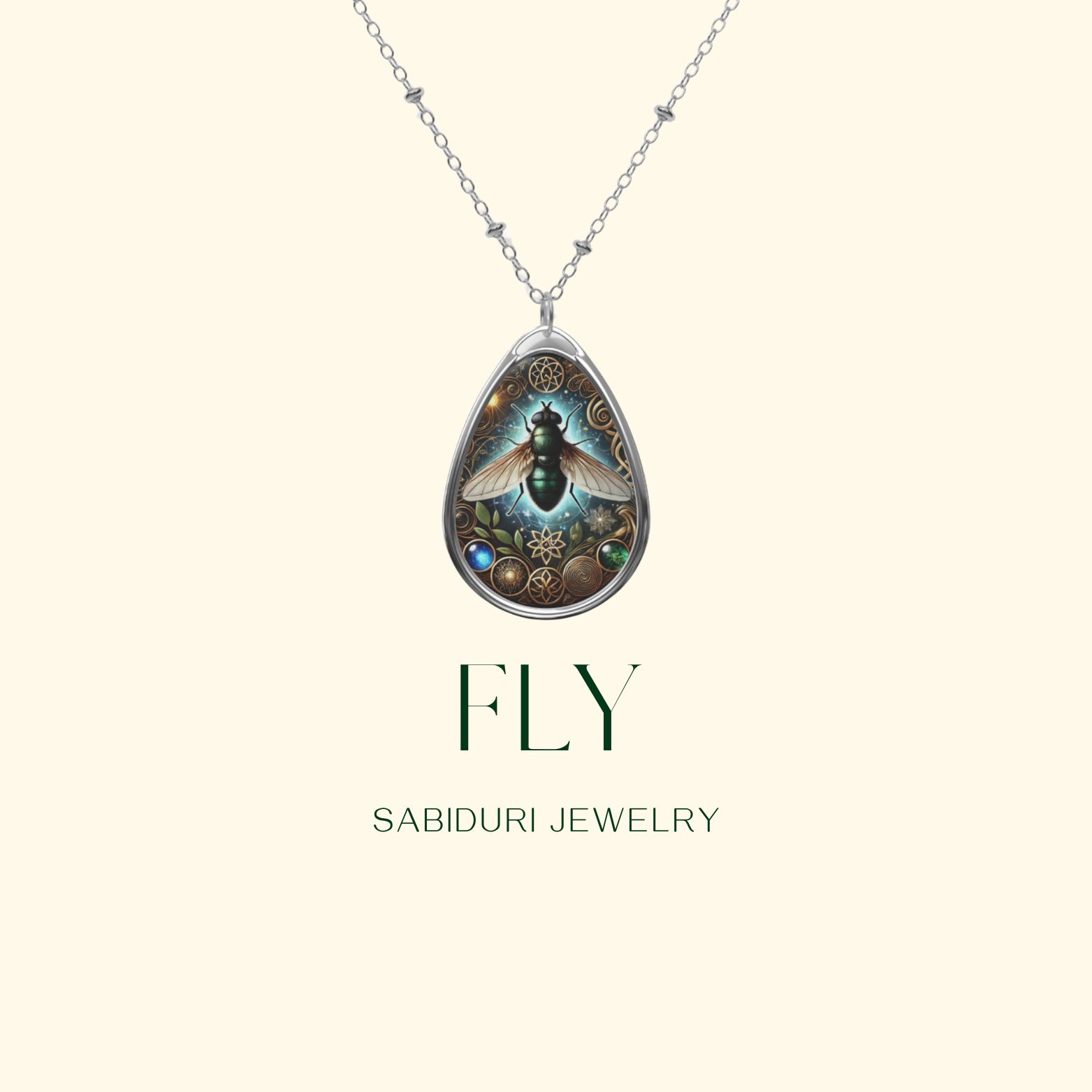 A close-up of the Fly Spirit Animal necklace against a minimalistic cream background. The pendant showcases a detailed fly with outstretched wings, framed by swirling golden filigree and colorful gemstone accents. The text "FLY" and "SABIDURI JEWELRY" is elegantly positioned below.