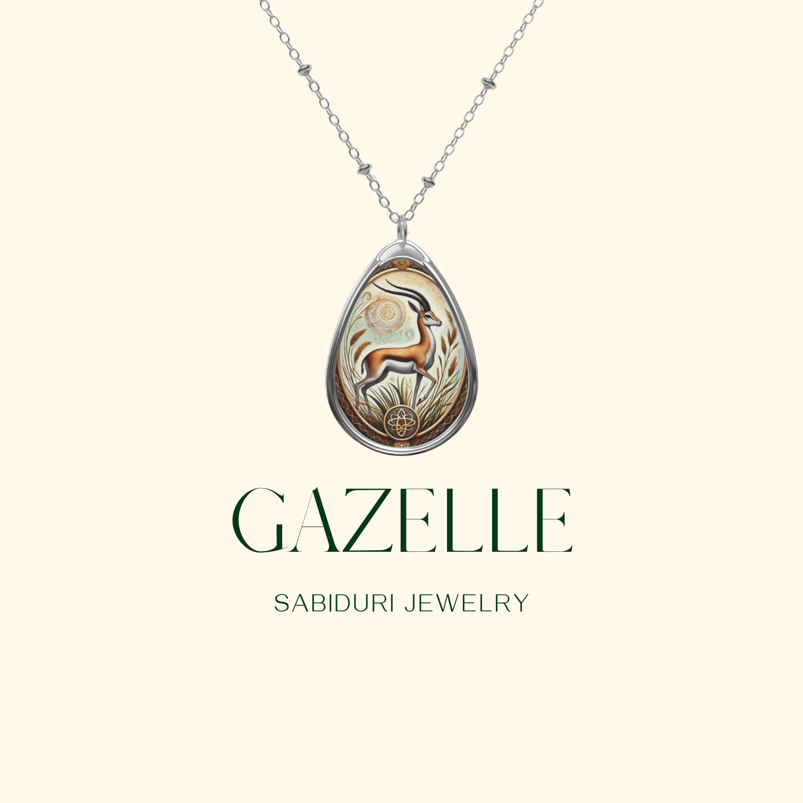 A digital image showcasing the Gazelle spirit animal necklace against a clean, neutral background. The pendant has a beautifully crafted gazelle illustration with golden hues and organic patterns, hanging from a silver chain. Below, the words "GAZELLE" and "SABIDURI JEWELRY" are displayed in an elegant font.