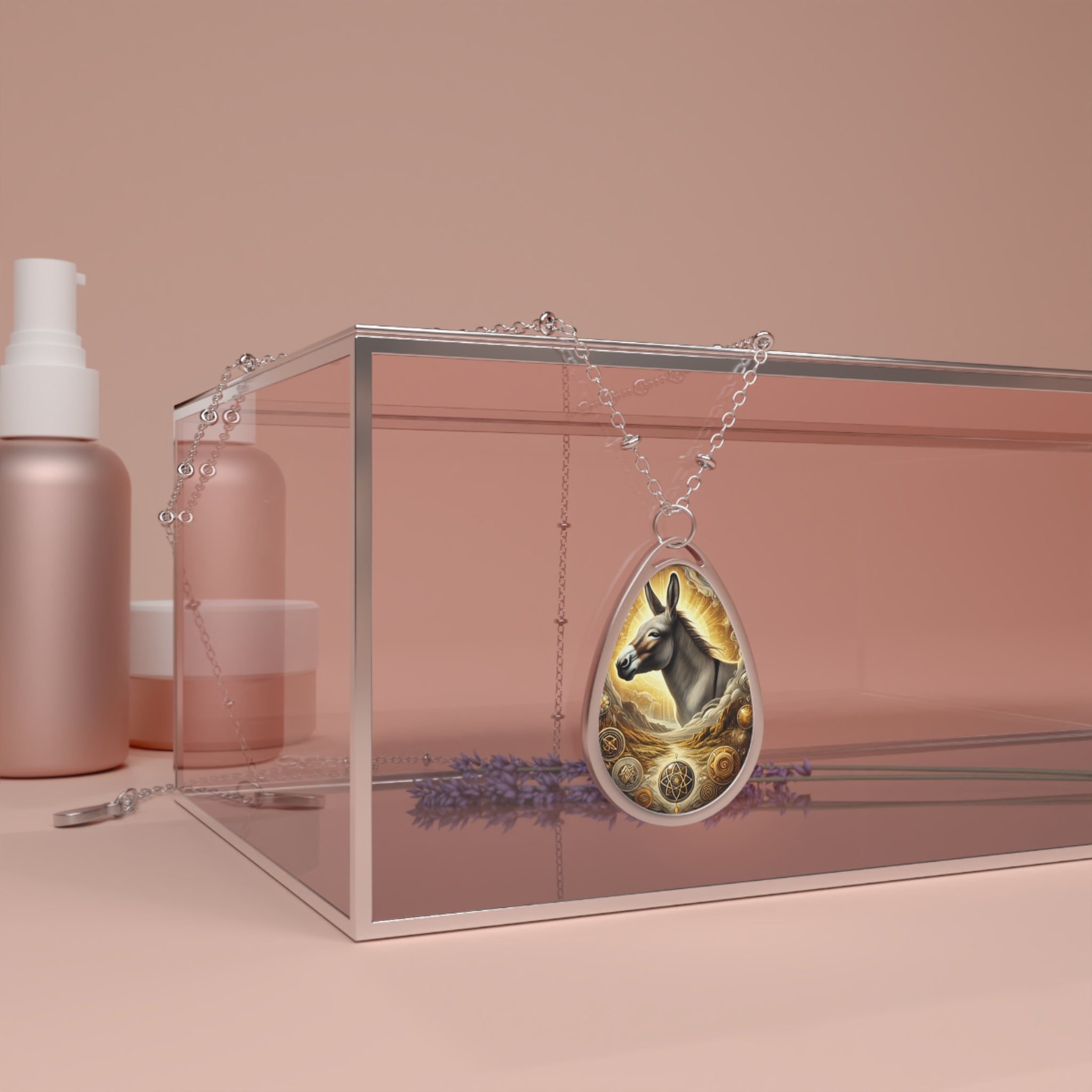 A silver chain necklace with an intricately designed teardrop pendant featuring a donkey spirit animal motif. The pendant is adorned with golden accents and sacred geometric symbols, hanging over a glass display box with a soft, neutral-toned background.