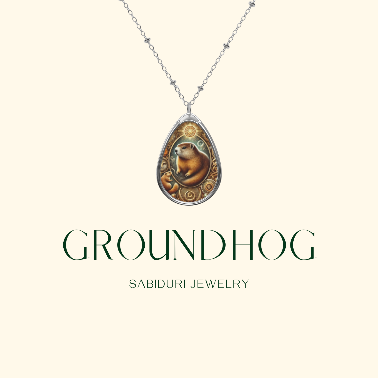 A centered shot of the Groundhog spirit animal necklace, highlighting its ornate golden details and artistic depiction of the animal. The pendant is suspended from a silver chain on a neutral cream-colored background. The text "GROUNDHOG" and "SABIDURI JEWELRY" is displayed in a minimalistic and elegant font.