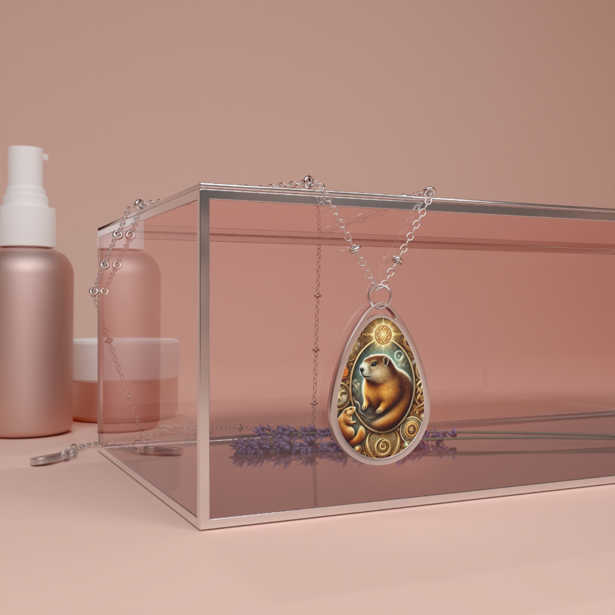 A teardrop-shaped pendant featuring a detailed illustration of a groundhog with golden, swirling patterns surrounding it. The pendant hangs gracefully from a silver chain, draped over a transparent glass box with soft lavender flowers underneath. The background consists of muted pink tones with skincare bottles nearby, adding an elegant aesthetic.