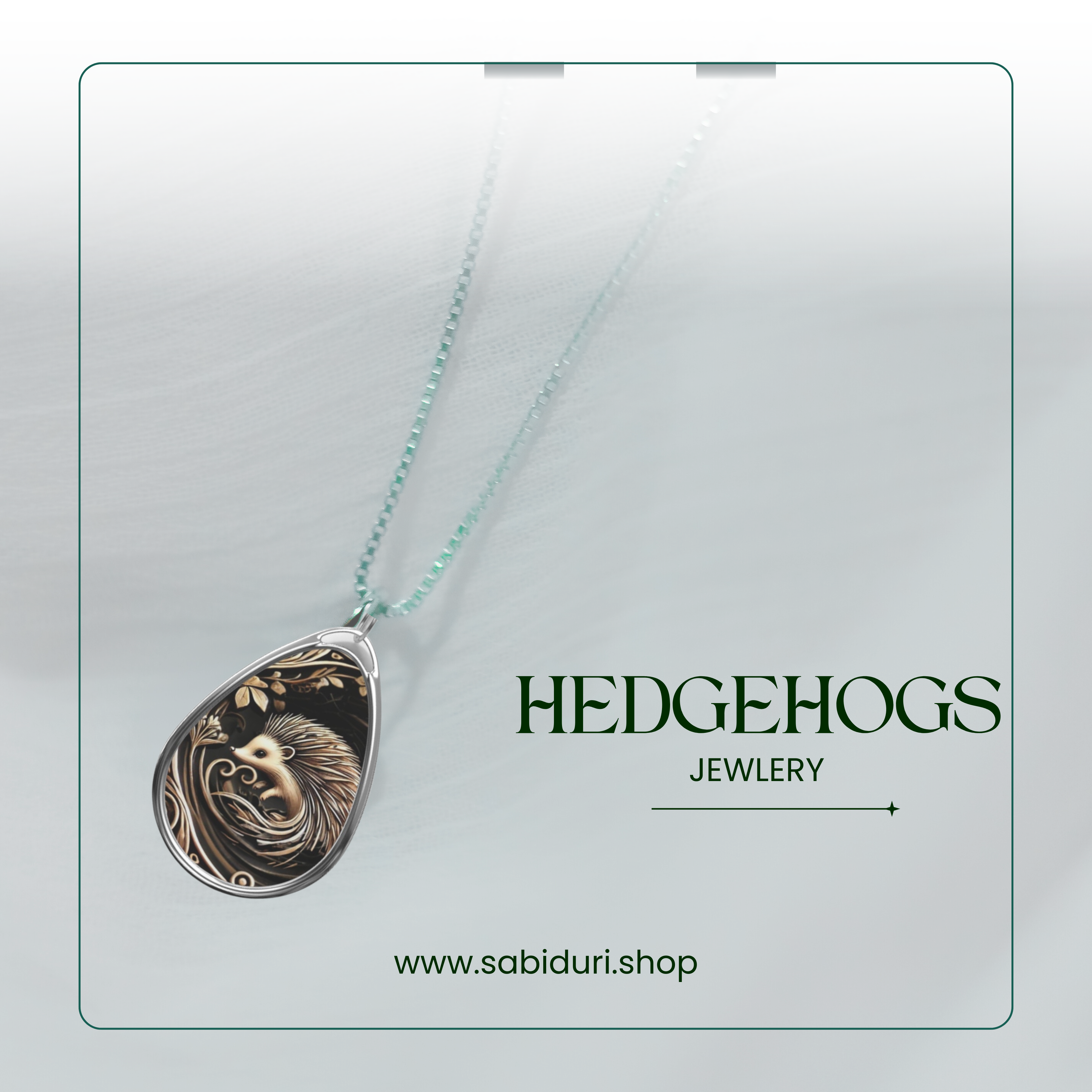 A teardrop-shaped pendant necklace with a hedgehog design, displayed against a soft, light background with a green-tinted necklace chain. The text to the side reads "Hedgehogs Jewelry" along with the website "www.sabiduri.shop."