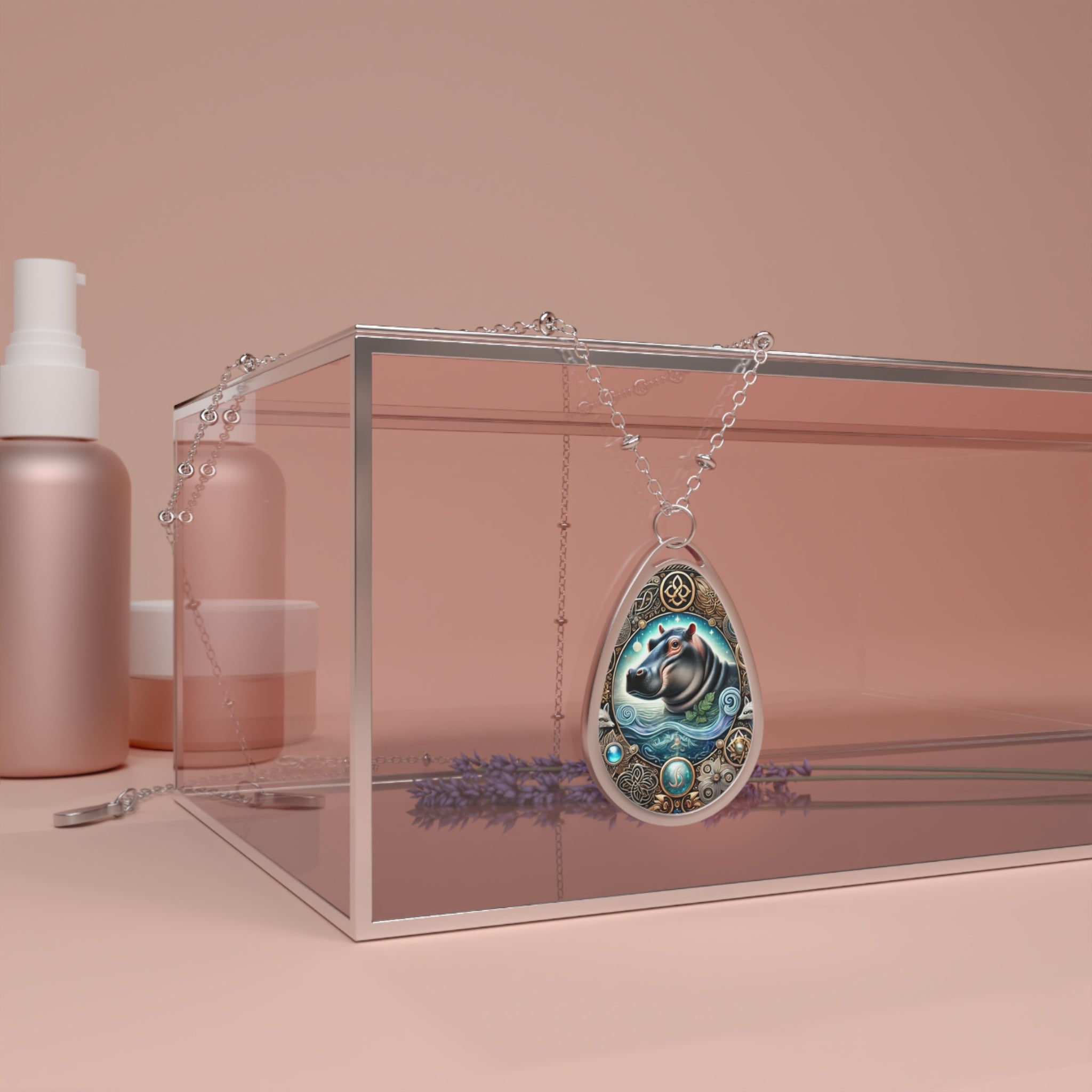 The Hippopotamus pendant necklace draped over a transparent glass box, surrounded by soft pink skincare bottles and lavender. The pendant’s detailed hippo illustration is enriched with golden swirls and turquoise gemstones, adding a mystical feel.