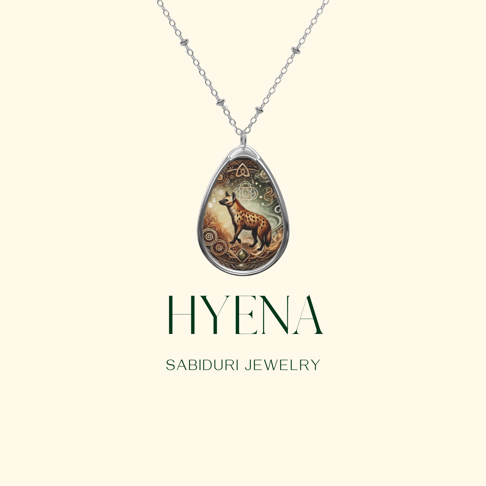 A silver pendant necklace featuring an intricate illustration of a spotted hyena surrounded by mystical symbols and earthy tones. The pendant hangs against a soft beige background with the words "HYENA" and "SABIDURI JEWELRY" displayed below.