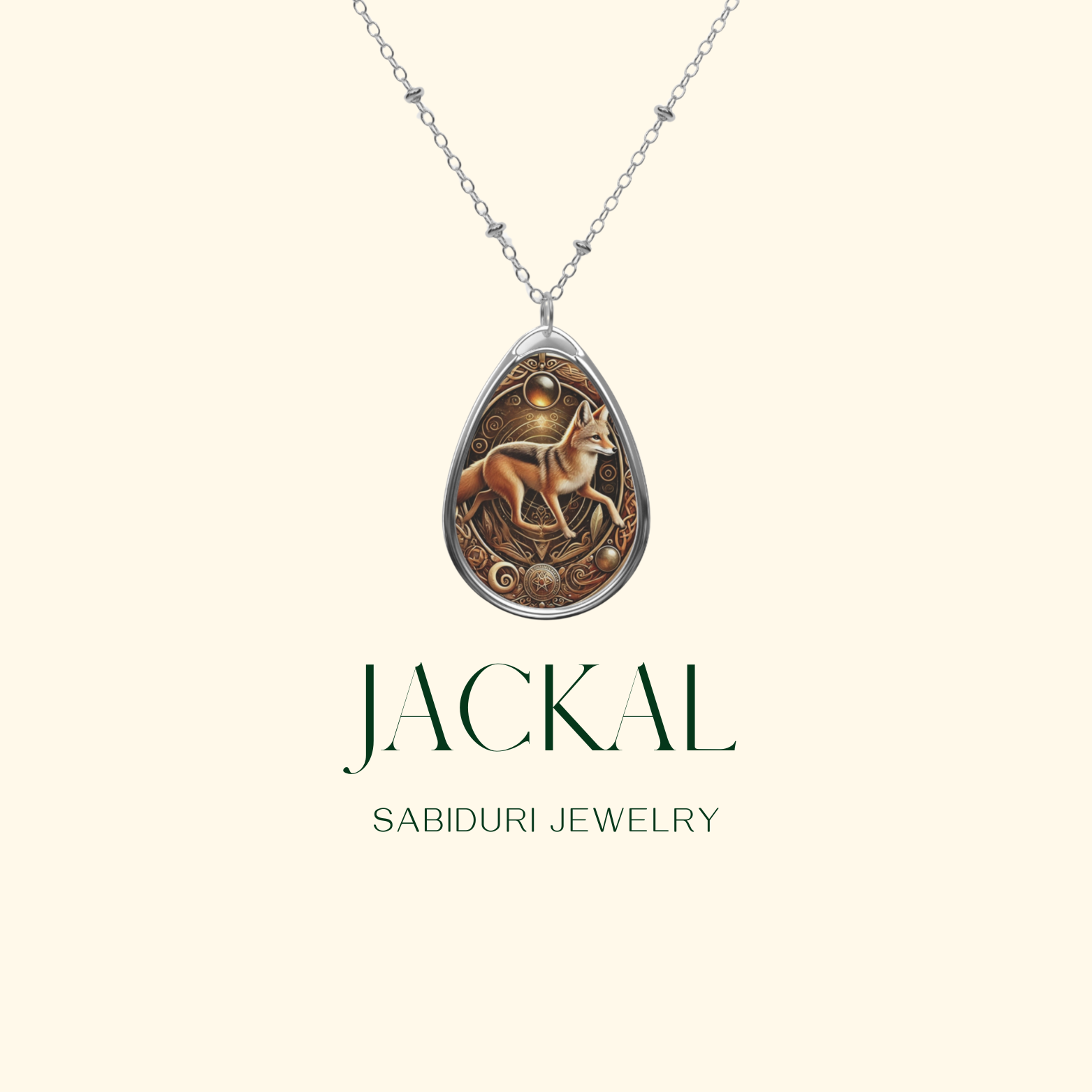 A close-up of a silver necklace with a teardrop-shaped pendant showcasing a golden jackal illustration with ornate patterns. The pendant is suspended on a delicate chain, with "Jackal" and "Sabiduri Jewelry" written in elegant typography.