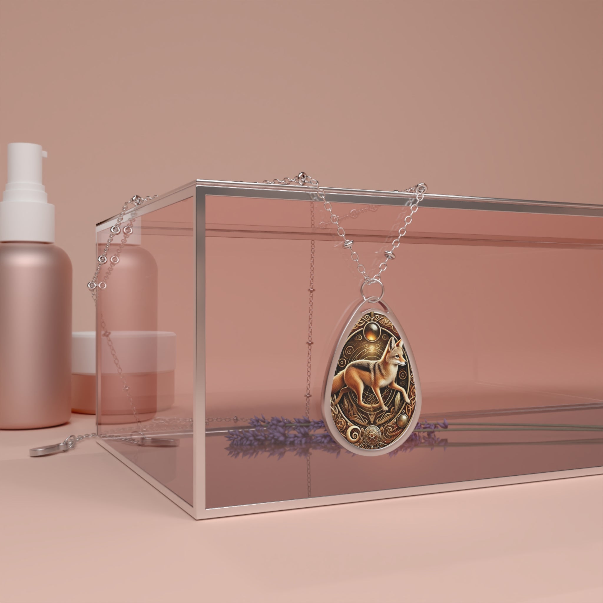 A jackal pendant necklace elegantly draped over a glass box, accompanied by delicate lavender flowers. The pendant showcases a mystical jackal design with golden circular details, evoking a celestial theme.