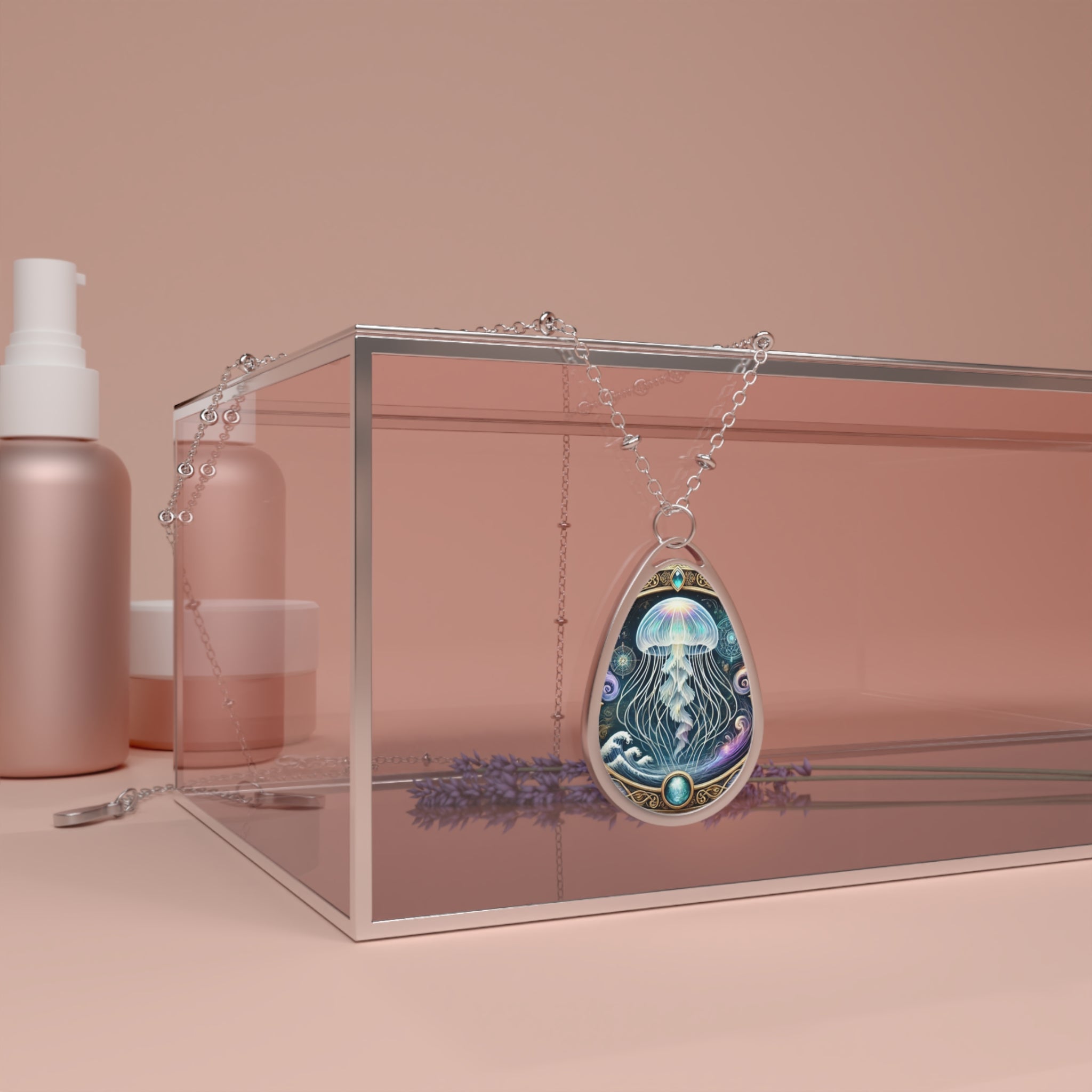 A delicate jellyfish pendant necklace draped over a transparent jewelry box, surrounded by soft pink-toned skincare bottles and lavender sprigs. The pendant features a glowing jellyfish design with intricate ocean-inspired motifs. The reflective glass box enhances the luxurious aesthetic.