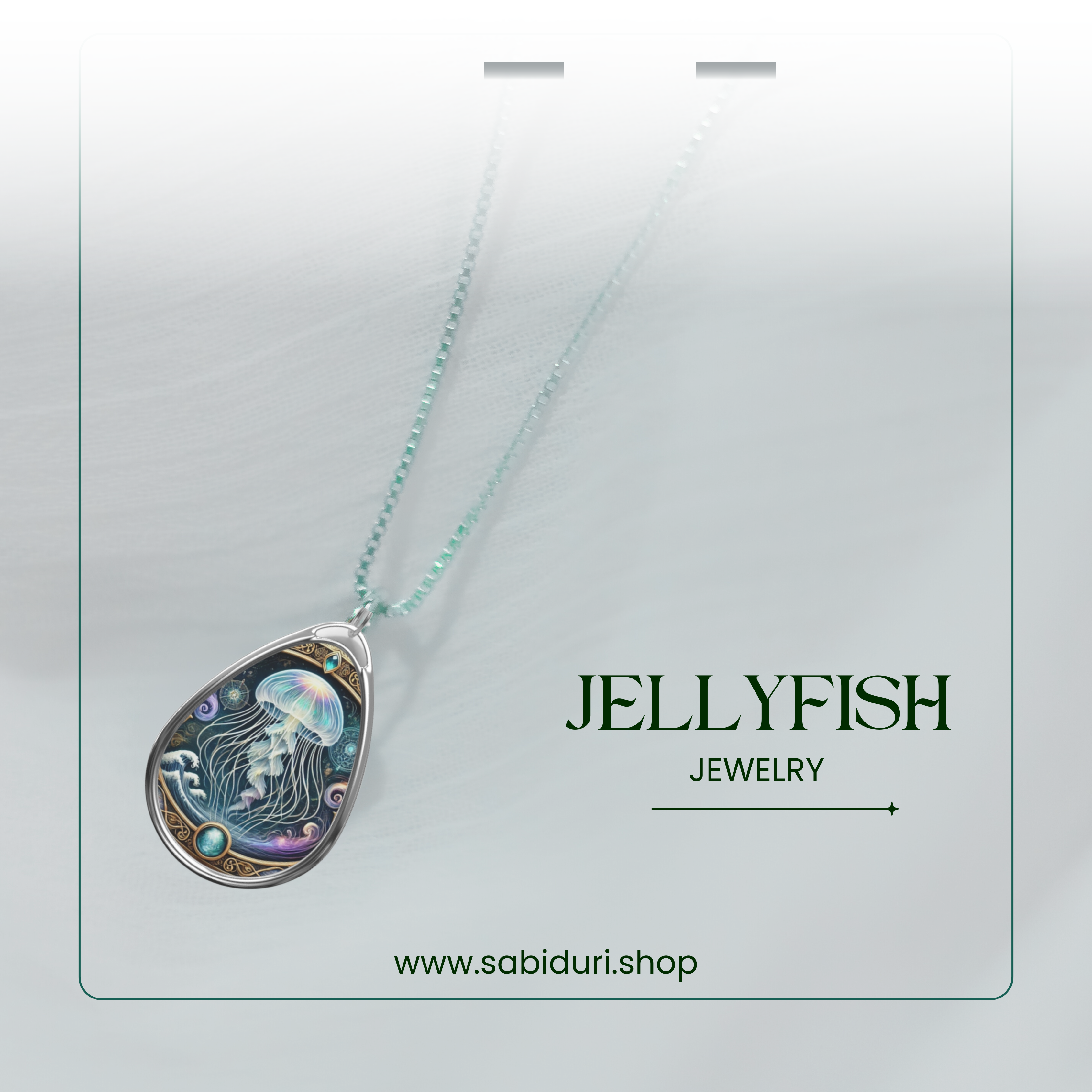 A beautifully detailed jellyfish pendant hanging from a fine silver chain, displayed against a softly lit gradient background. The ocean-inspired patterns and glowing blue gemstone add to the ethereal look. The text "Jellyfish Jewelry" and "www.sabiduri.shop" frame the image.