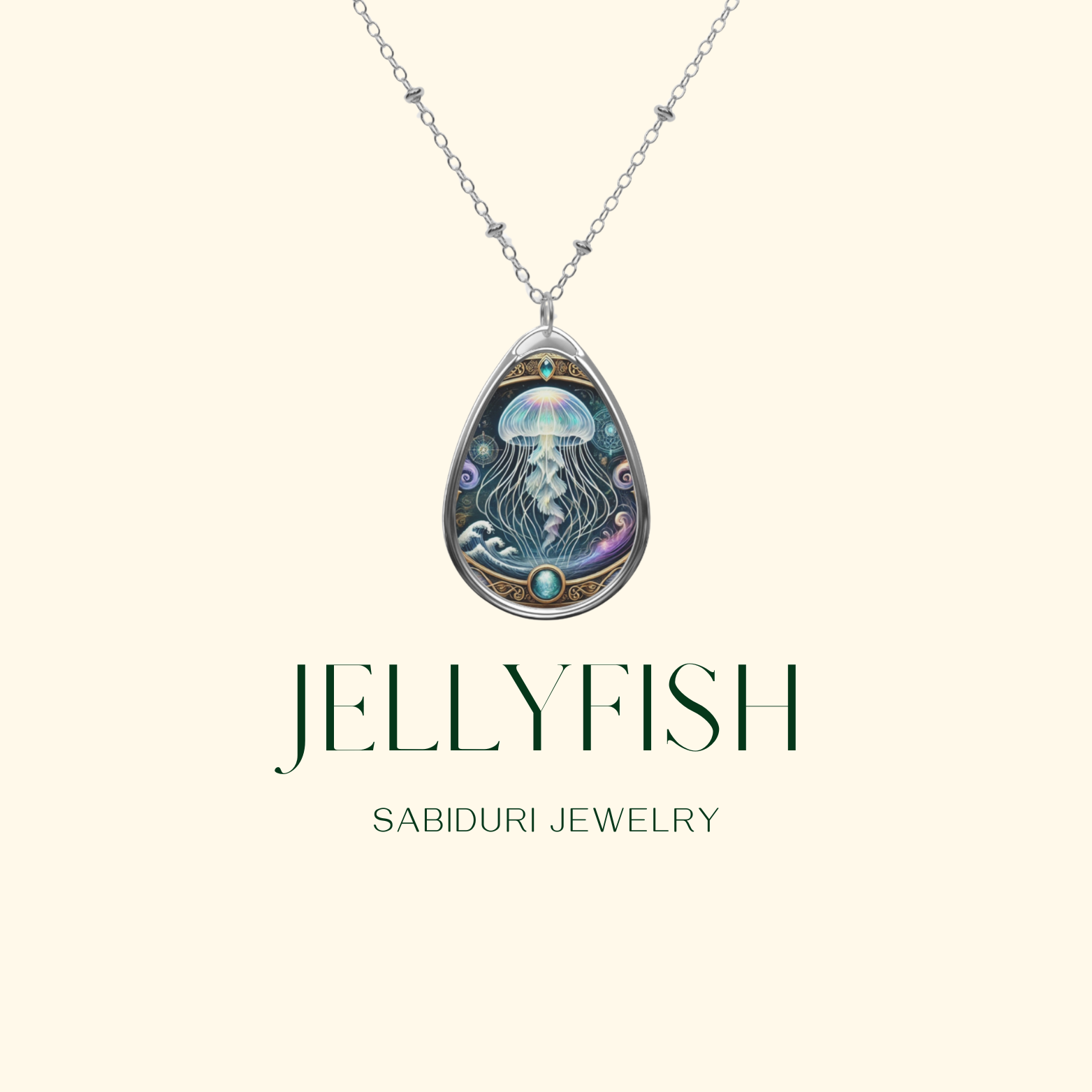 A silver chain necklace with a teardrop-shaped pendant featuring a luminous jellyfish illustration, surrounded by swirling oceanic designs and celestial symbols. The pendant is centered on a clean, light-colored background, with "Jellyfish" and "Sabiduri Jewelry" elegantly written below.