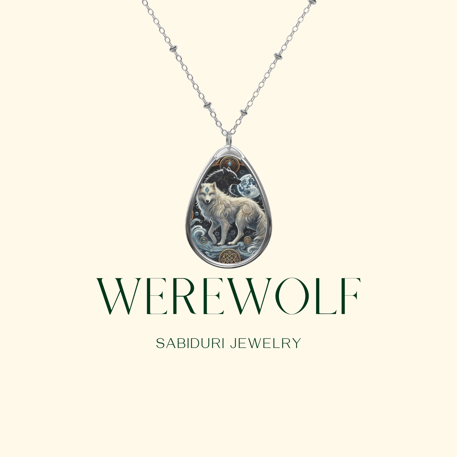 A minimalist silver necklace with a teardrop-shaped pendant featuring a werewolf design against a pale beige background. The pendant showcases a werewolf in a detailed, moonlit scene. The text 'WEREWOLF SABIDURI JEWELRY' is displayed beneath the necklace.