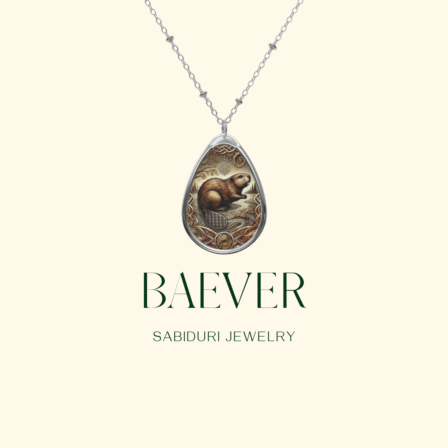 A product-focused image featuring the bobcat necklace with a minimalist cream-colored background. The pendant, suspended on a silver chain, has "BOBCAT" and "SABIDURI JEWELRY" written in elegant green typography.