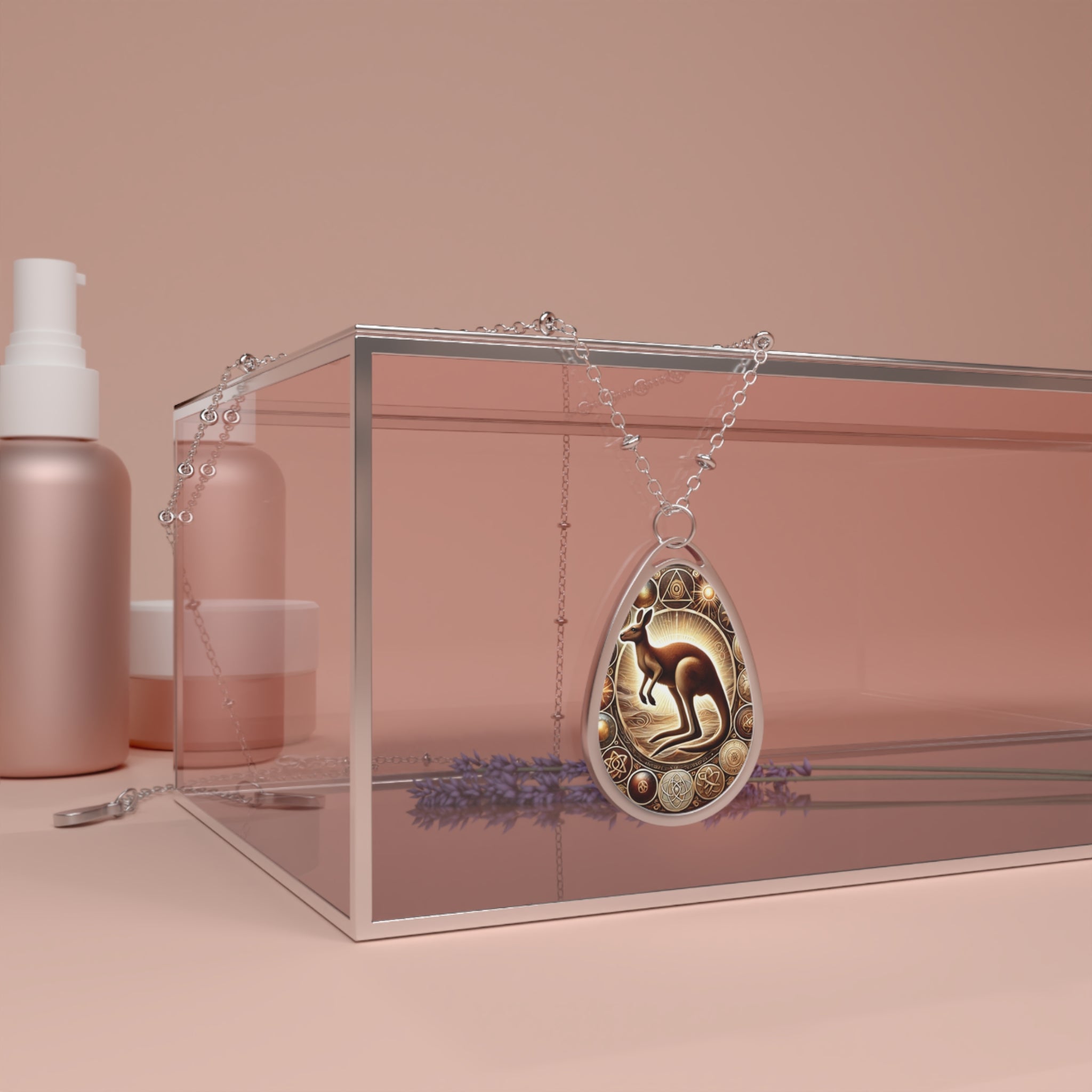 A kangaroo spirit animal pendant draped over a sleek glass jewelry box with a soft, neutral-toned background. The pendant’s intricate design showcases a golden kangaroo surrounded by celestial and geometric patterns, glowing under warm lighting.