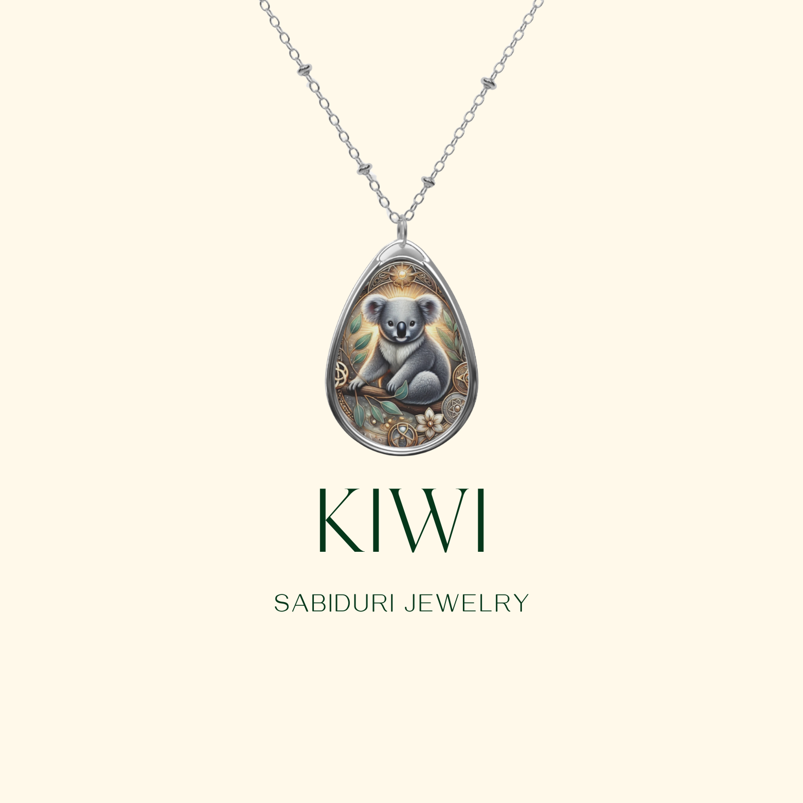 Elegant Kiwi spirit animal necklace by Sabiduri Jewelry, showcased against a soft cream background. The teardrop pendant features a detailed kiwi bird design surrounded by intricate golden swirls, hanging from a delicate silver chain. Text reads 'KIWI' and 'SABIDURI JEWELRY.'