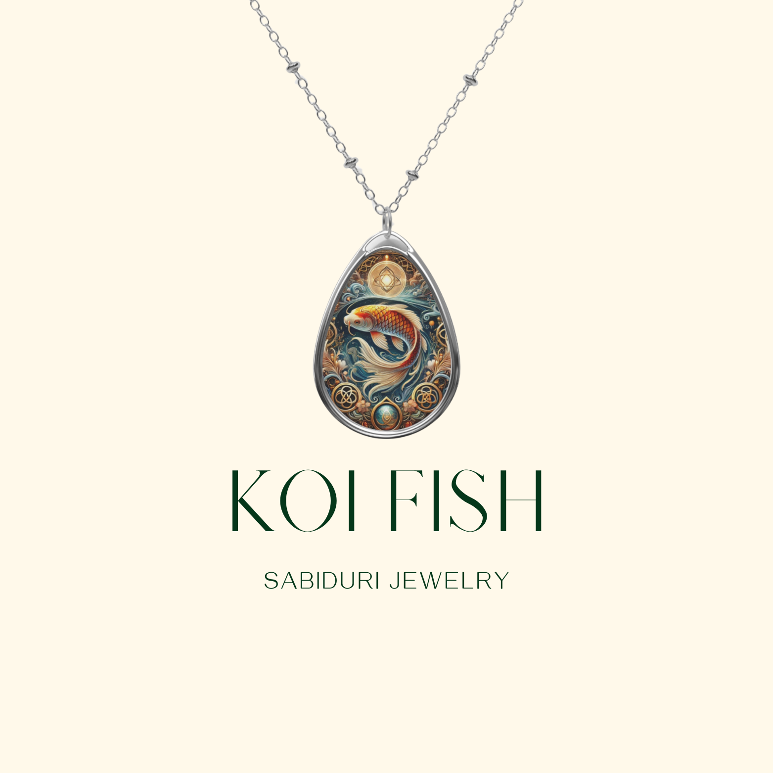 A silver teardrop pendant with a detailed illustration of a koi fish, symbolizing strength and perseverance, surrounded by ornate designs. The necklace is showcased against a minimalist cream background, with the text "KOI FISH" and "SABIDURI JEWELRY" written elegantly.