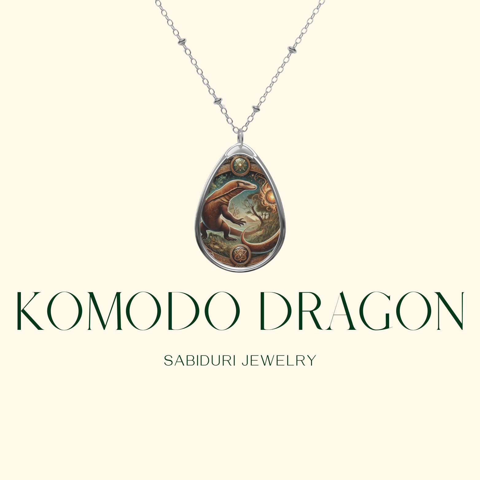 A close-up of a Komodo dragon-themed necklace with a highly detailed reptilian design, blending gold and green hues with a mystical aura. The text "Komodo Dragon" and "Sabiduri Jewelry" is centered below.