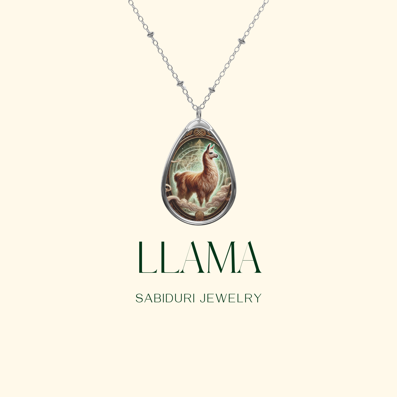 A close-up of the Llama spirit animal pendant, suspended from a delicate silver chain. The artwork inside the teardrop-shaped pendant showcases a regal llama in a mystical setting, surrounded by golden filigree details. The minimalist cream background highlights the elegance of the necklace, with "LLAMA" and "SABIDURI JEWELRY" written in sophisticated typography.