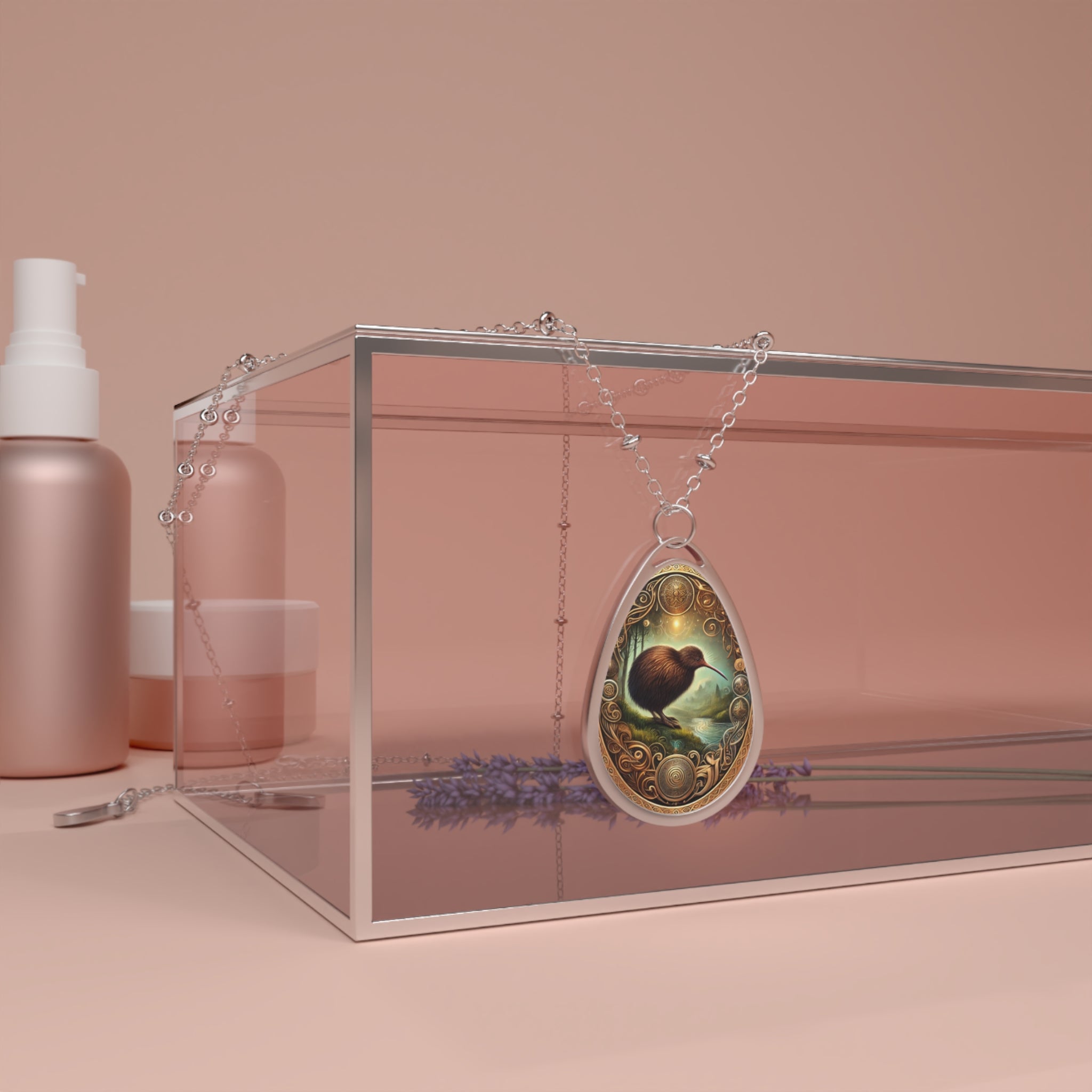 Kiwi spirit animal necklace draped over a modern glass jewelry box, surrounded by soft pink-toned cosmetic bottles. The teardrop pendant features an artistic kiwi bird in an intricate golden frame, with a silver chain elegantly arranged. Text reads 'www.sabiduri.shop.'