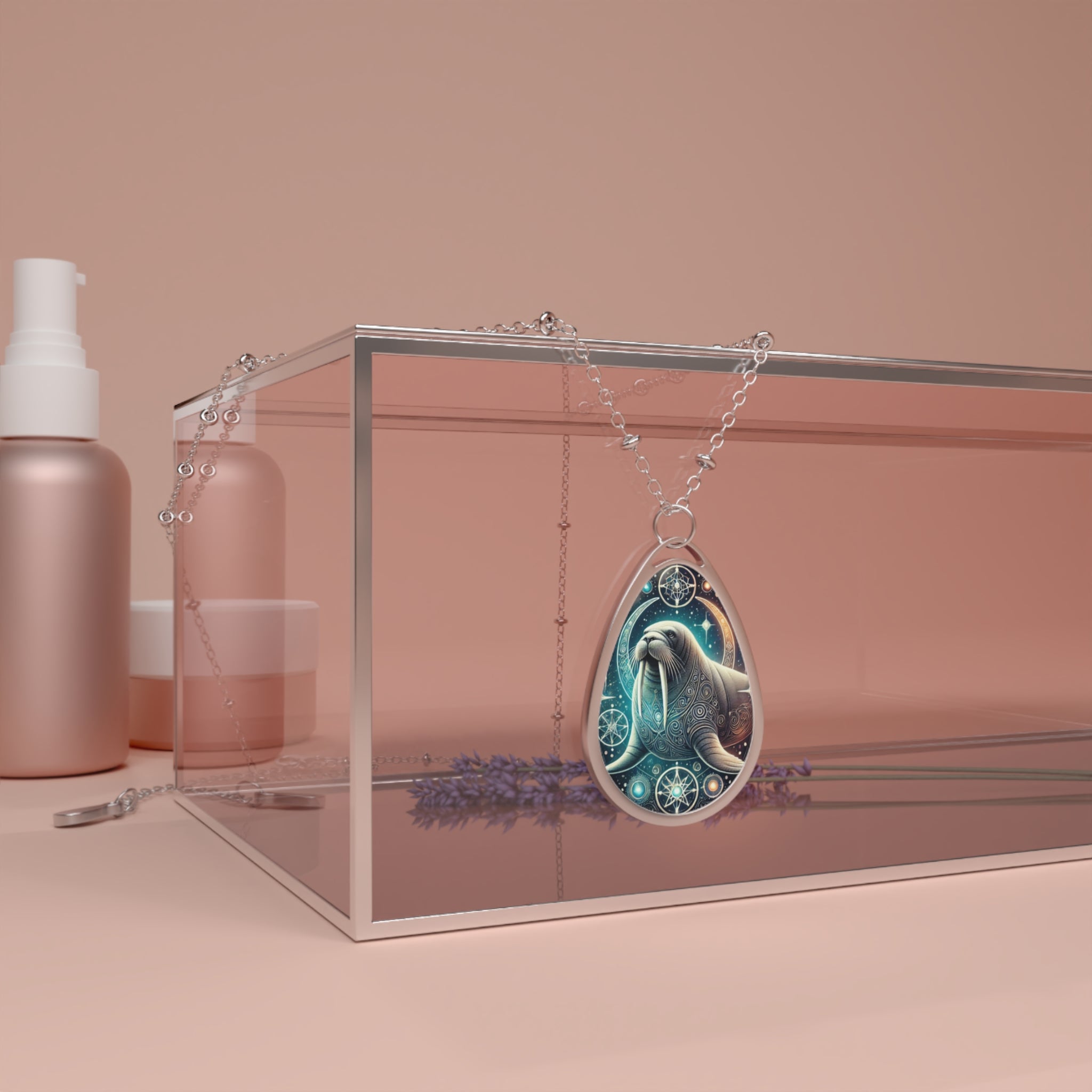 The walrus pendant hanging over a sleek, transparent jewelry box with soft pink and lavender tones in the background. The intricate cosmic details of the walrus design stand out, creating a luxurious aesthetic.