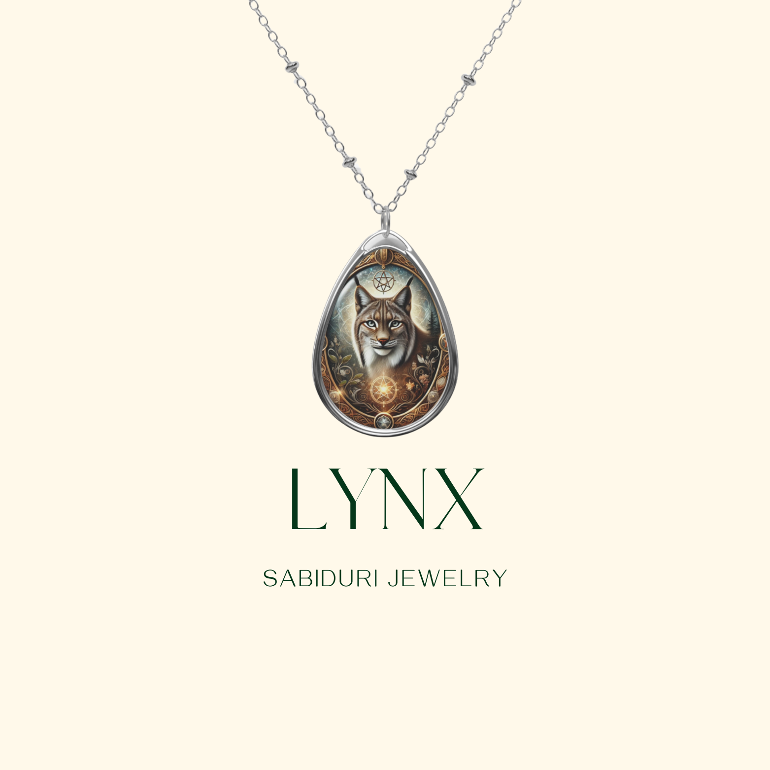 A silver pendant necklace featuring an intricate lynx illustration, surrounded by ornate golden filigree and a glowing celestial design. The pendant has a mystical, nature-inspired aesthetic, emphasizing the lynx's piercing gaze and detailed fur texture. Below, the text reads "LYNX" and "SABIDURI JEWELRY."