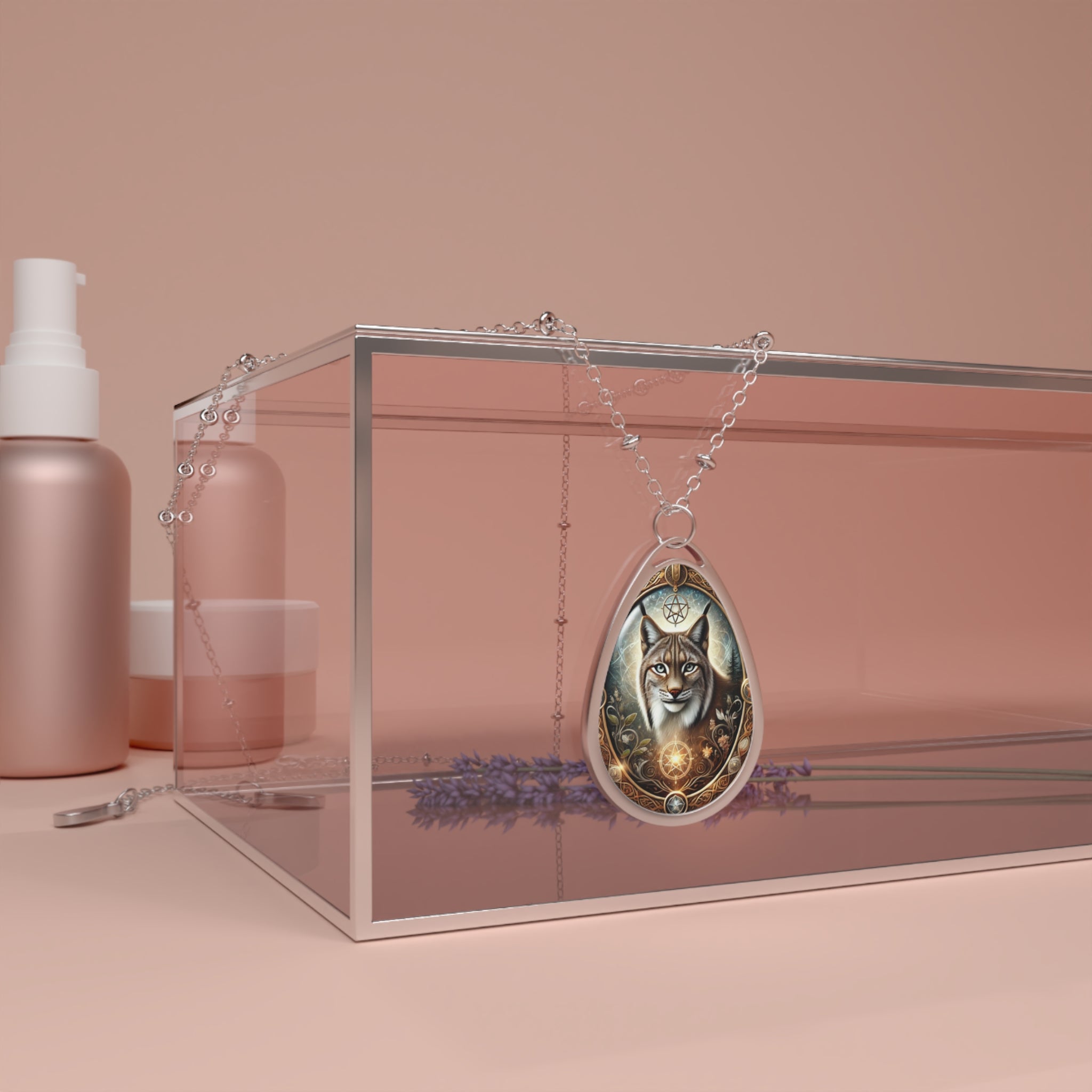 The Lynx pendant draped over a transparent box with delicate lavender sprigs underneath, creating an ethereal display. The pendant’s celestial golden details and the lynx’s lifelike rendering stand out in the soft, neutral setting.