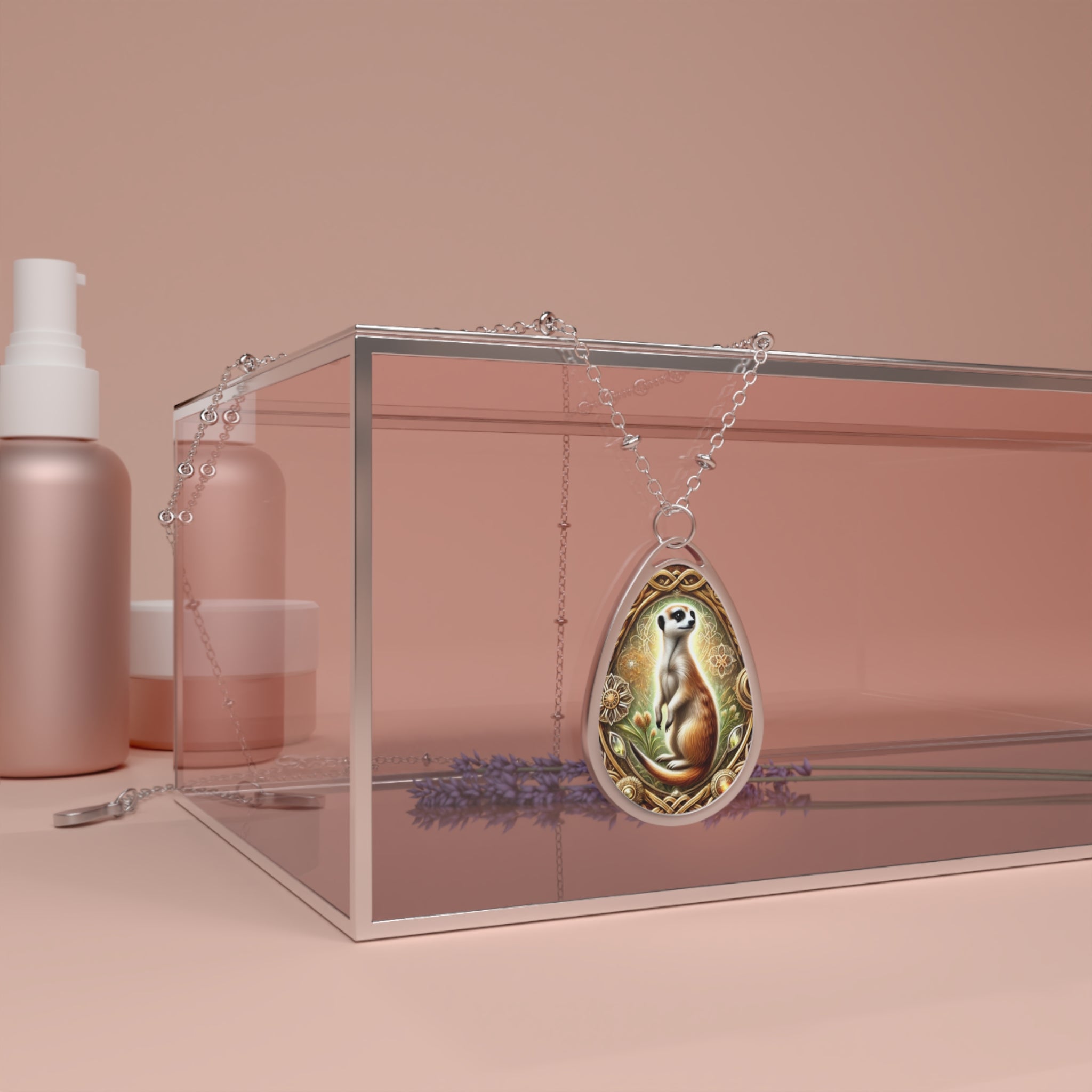 The meerkat pendant necklace elegantly draped over a glass box in a minimalistic setting with warm, soft lighting. The pendant’s detailed artwork, with gold and brown tones, stands out against the neutral background.