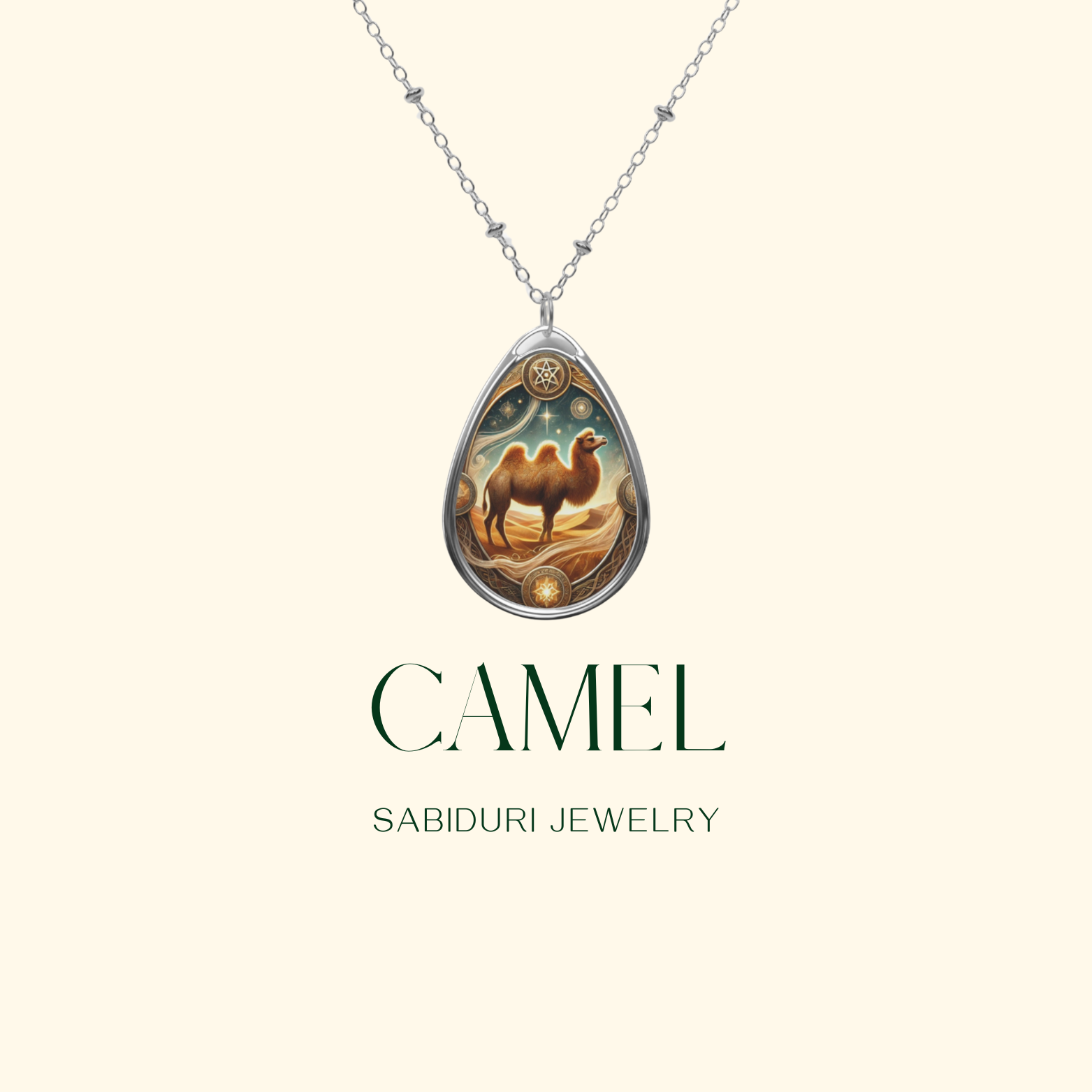 A minimalist presentation of the Camel spirit animal necklace on a neutral beige background. The pendant, hanging from a delicate chain, showcases a camel under a cosmic desert night, framed in a teardrop-shaped silver border. The words "CAMEL" and "SABIDURI JEWELRY" are displayed beneath.