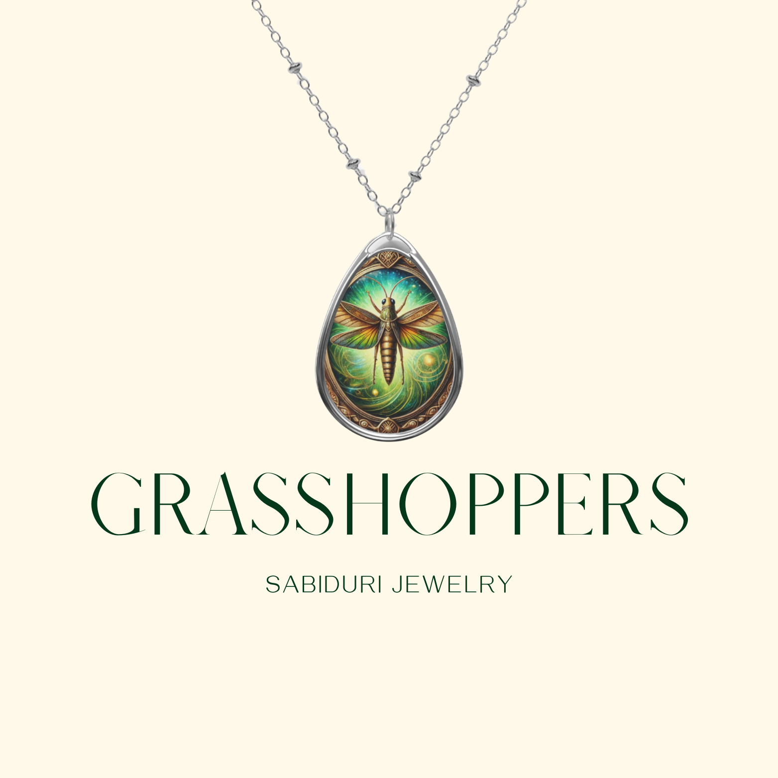 A centered image of the grasshopper pendant necklace with the text "GRASSHOPPERS" and "SABIDURI JEWELRY" in elegant green font. The pendant’s intricate detailing and glowing effect stand out against a simple, neutral background.