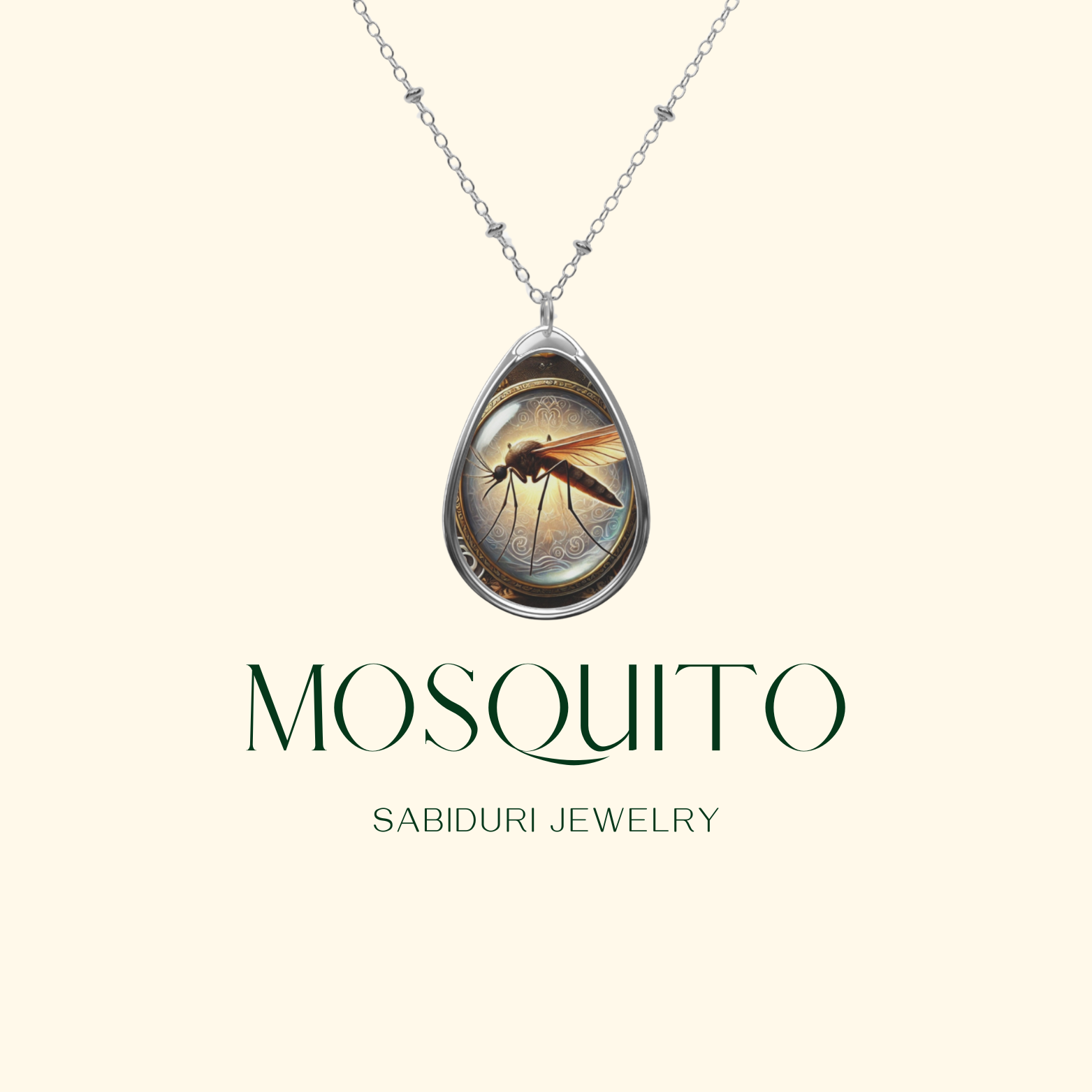 A close-up image of a mosquito-themed pendant necklace suspended on a fine silver chain. The pendant showcases a finely detailed mosquito design encased in an ornate, circular frame, with "MOSQUITO" and "SABIDURI JEWELRY" elegantly displayed.