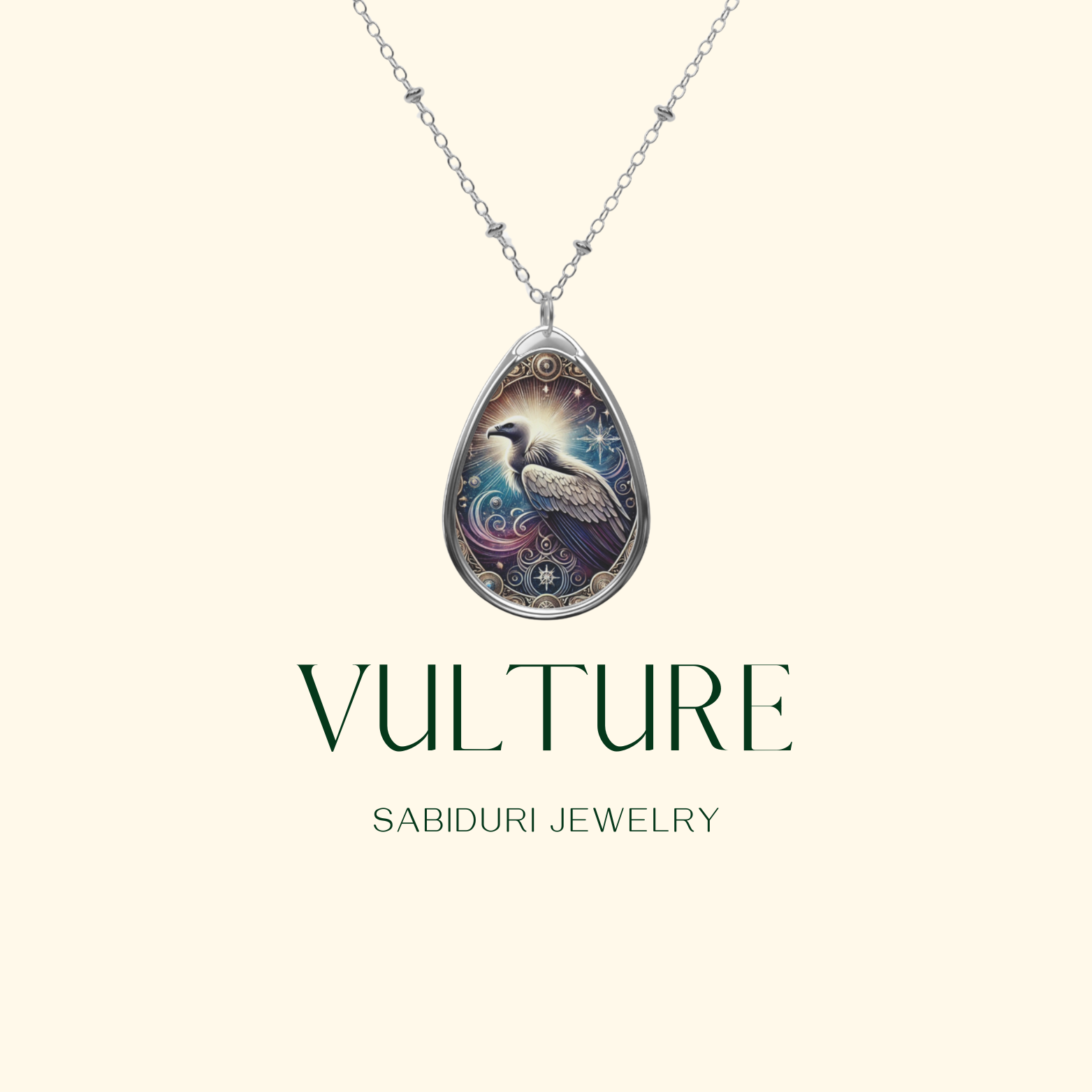 A close-up image of a vulture-themed necklace with detailed engravings and a glowing celestial aura, presented on a soft cream background. The words "VULTURE" and "SABIDURI JEWELRY" are elegantly written below.